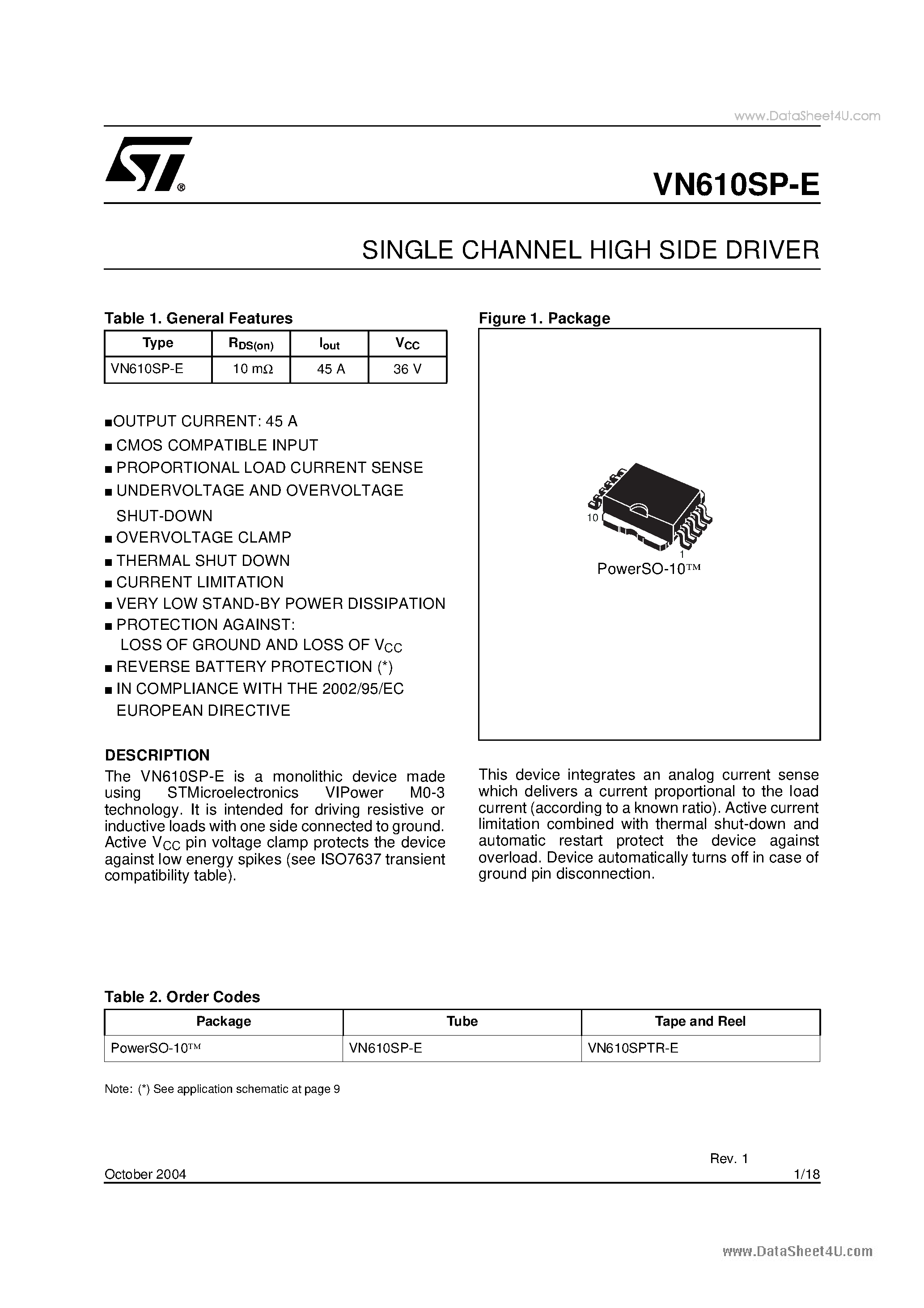 Datasheet VN610SP-E - SINGLE CHANNEL HIGH SIDE DRIVER page 1