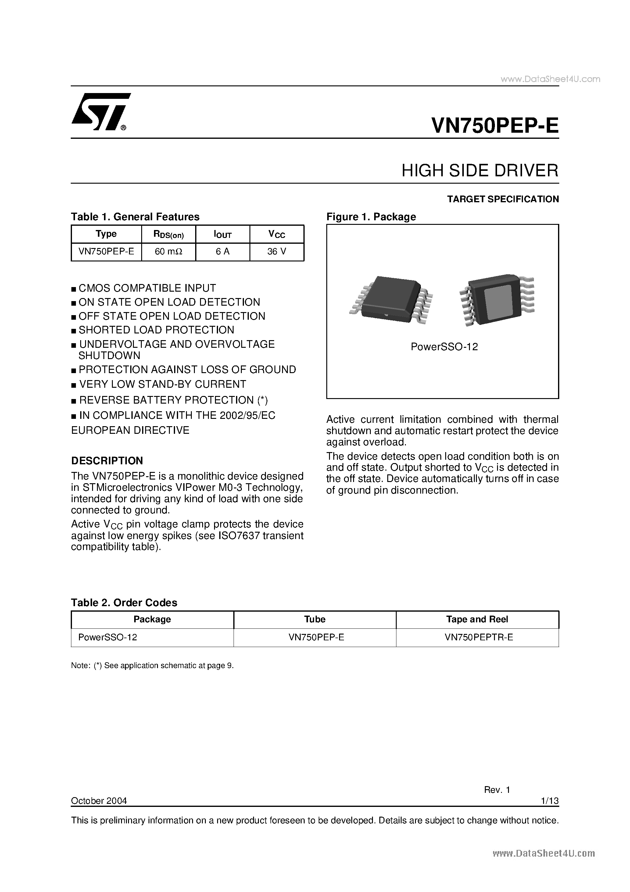 Datasheet VN750PEP-E - HIGH SIDE DRIVER page 1