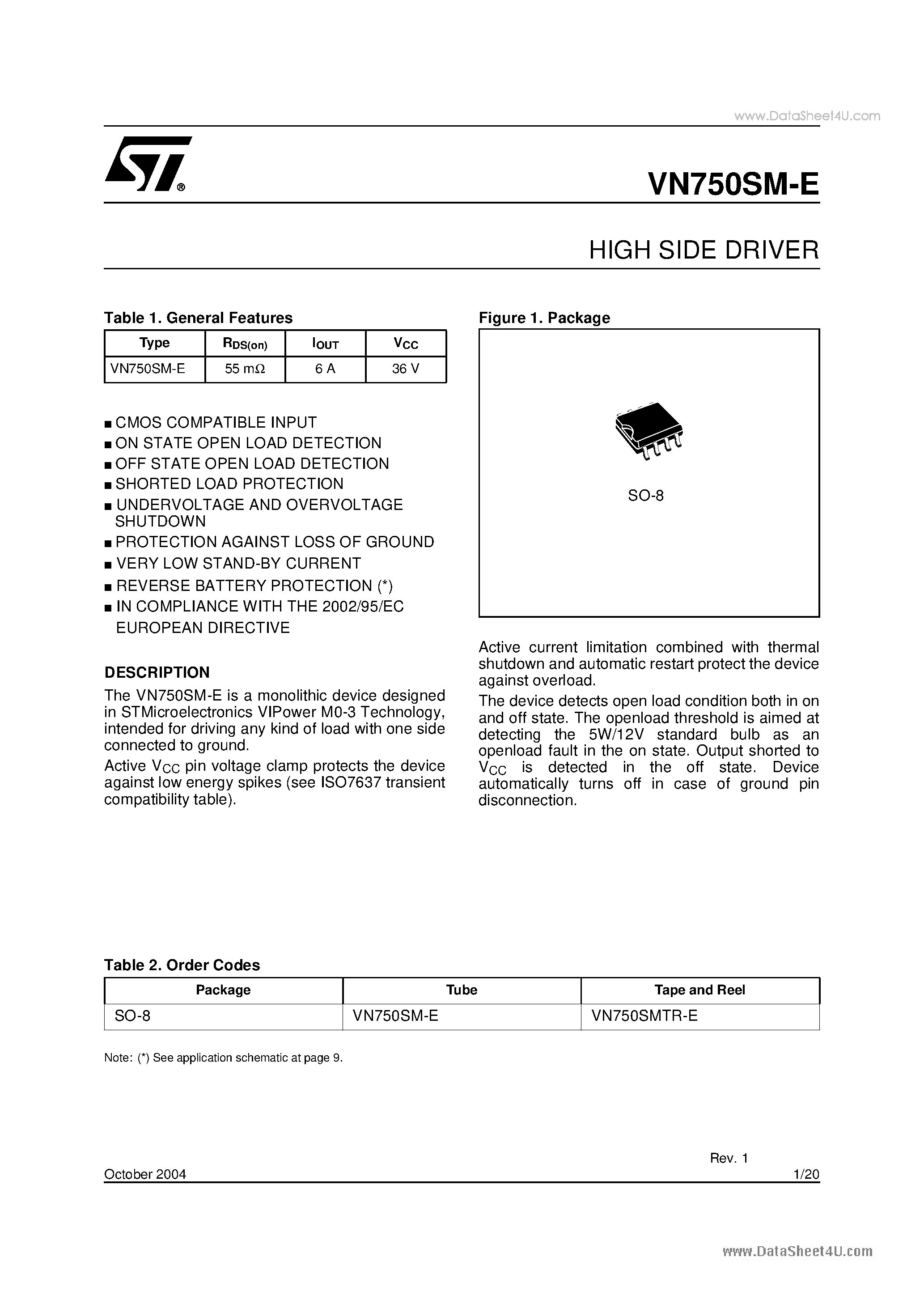 Datasheet VN750SM-E - HIGH SIDE DRIVER page 1