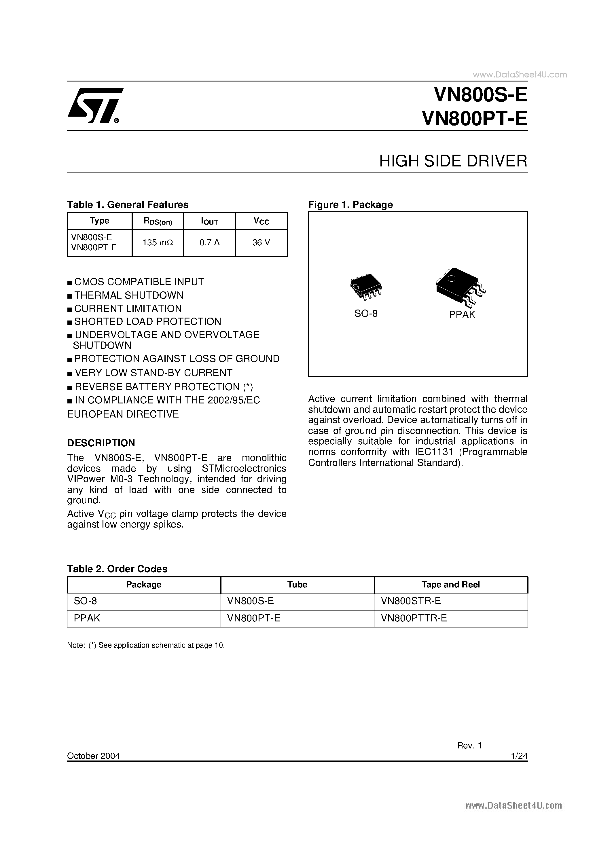 Datasheet VN800PT-E - HIGH SIDE DRIVER page 1