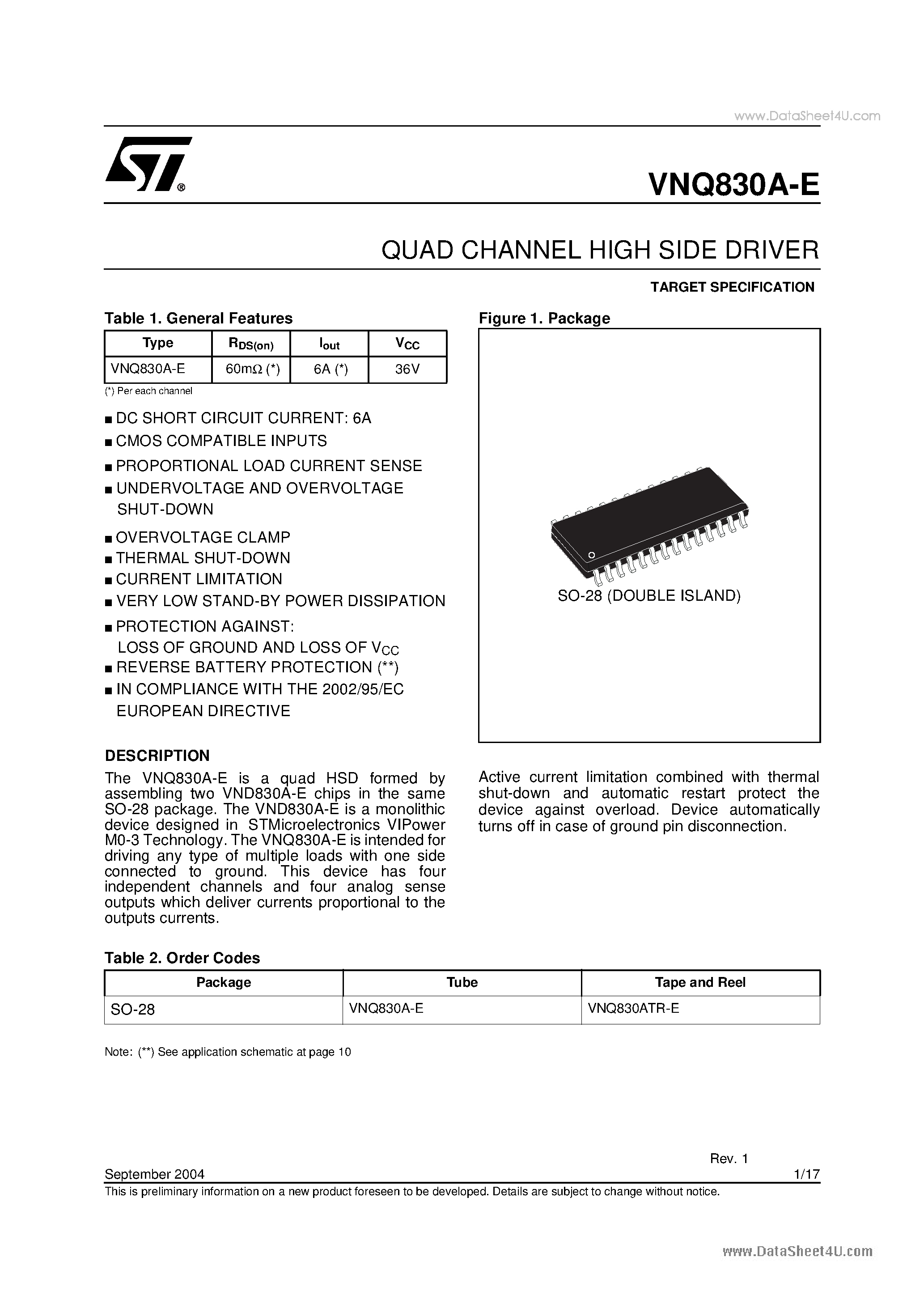 Datasheet VNQ830A-E - QUAD CHANNEL HIGH SIDE DRIVER page 1