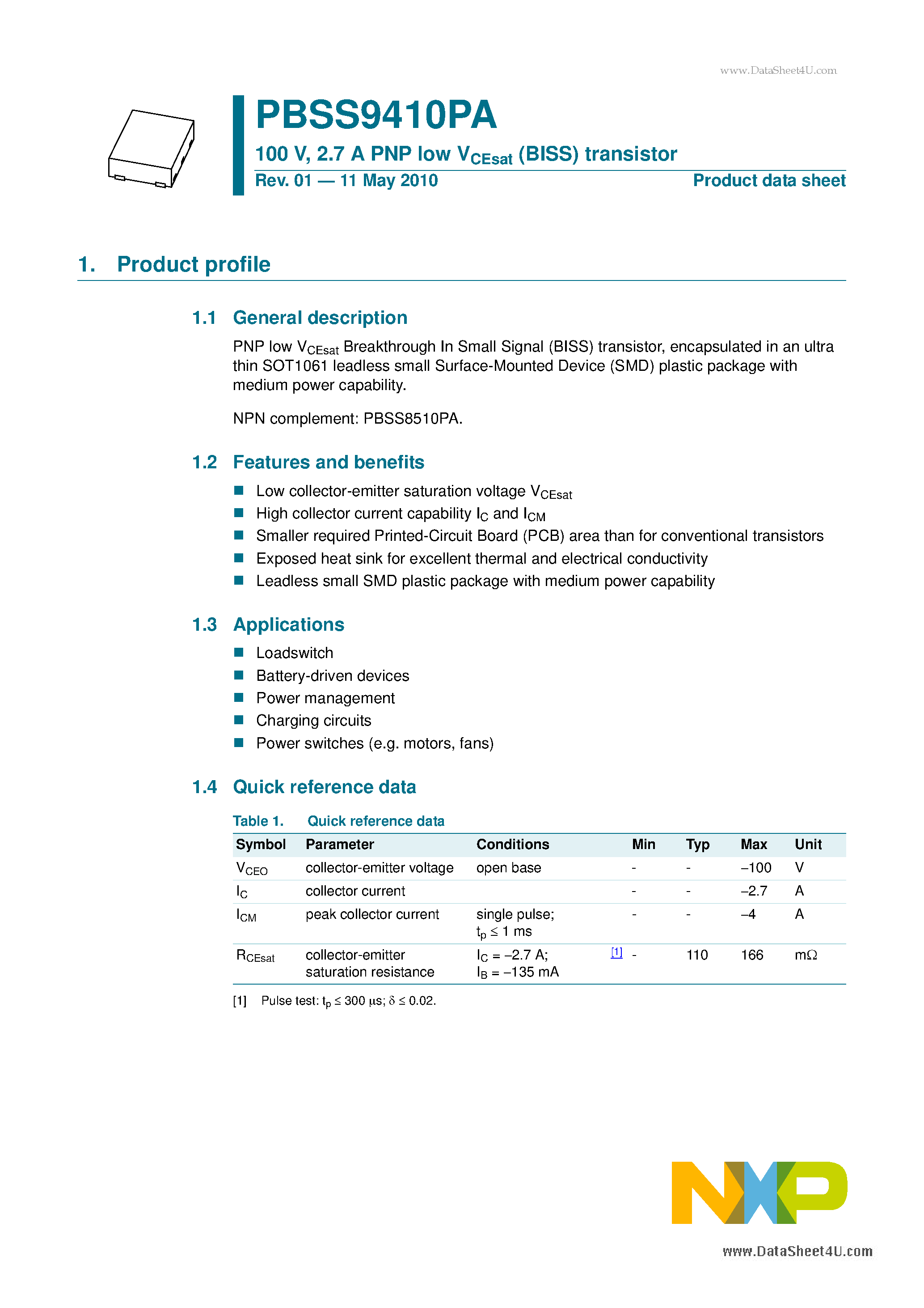 Даташит PBSS9410PA - 2.7 A PNP low VCEsat (BISS) transistor страница 1