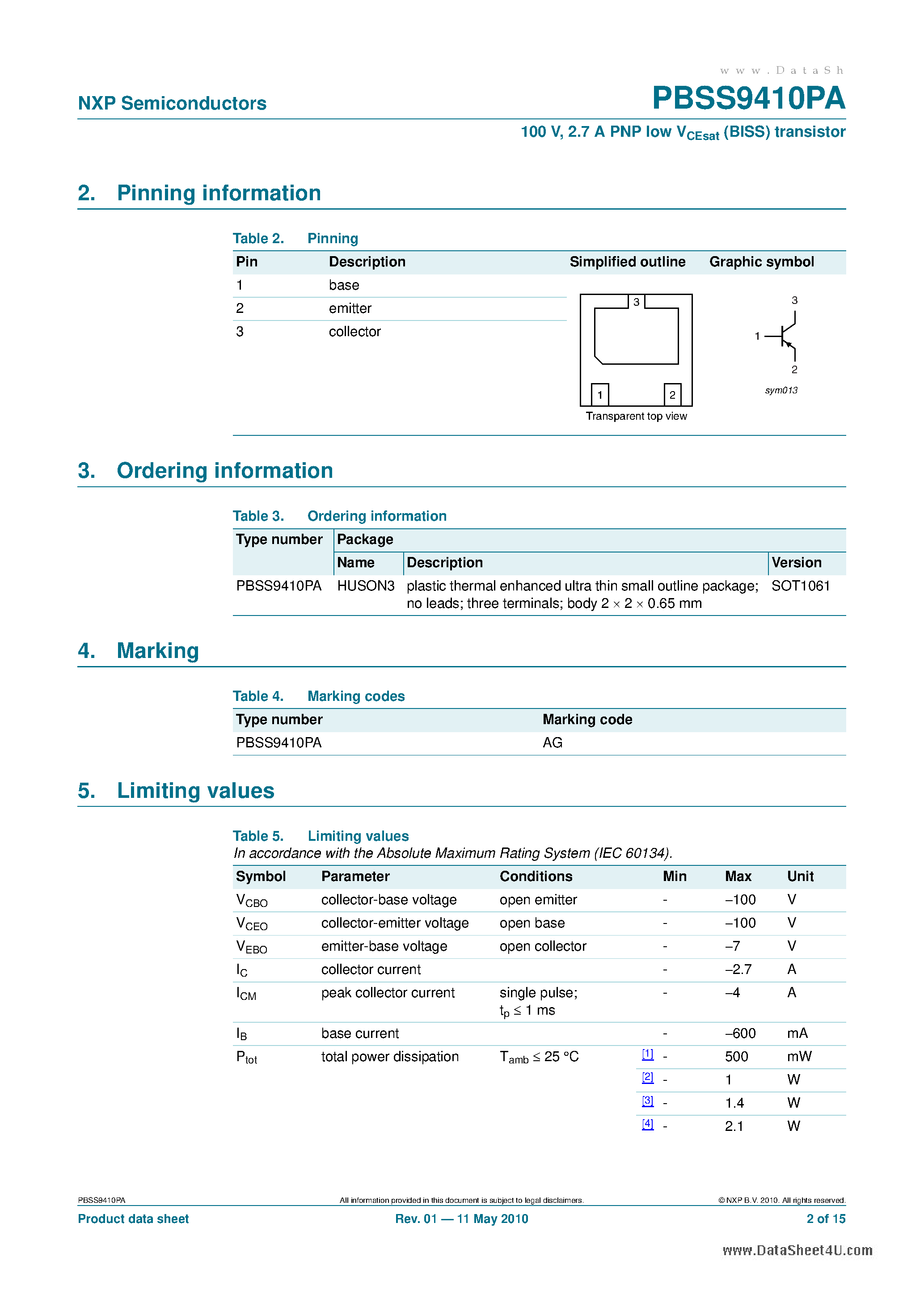 Даташит PBSS9410PA - 2.7 A PNP low VCEsat (BISS) transistor страница 2