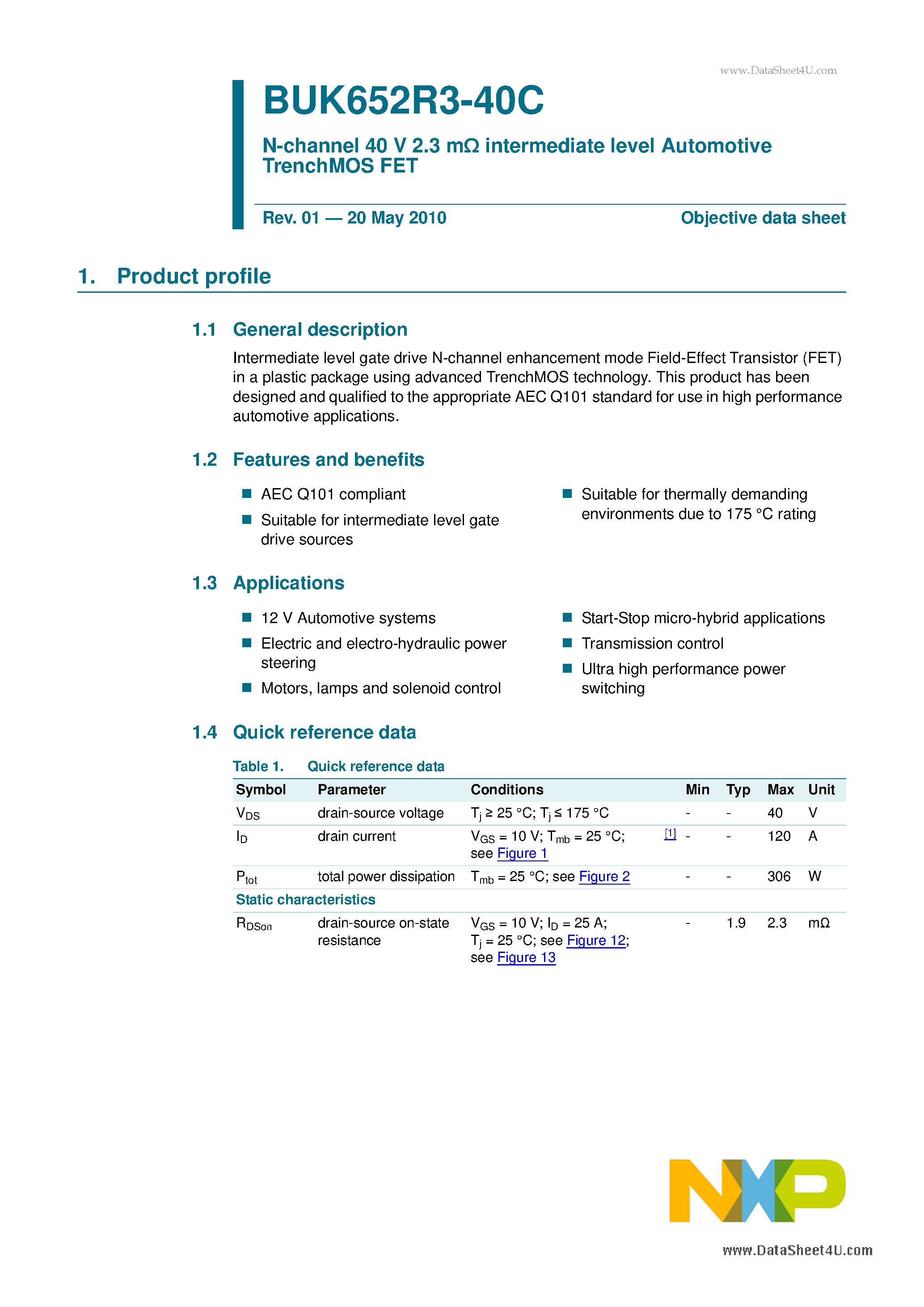 Datasheet BUK652R3-40C - N-channel 40 V 2.3 m intermediate level Automotive TrenchMOS FET page 1