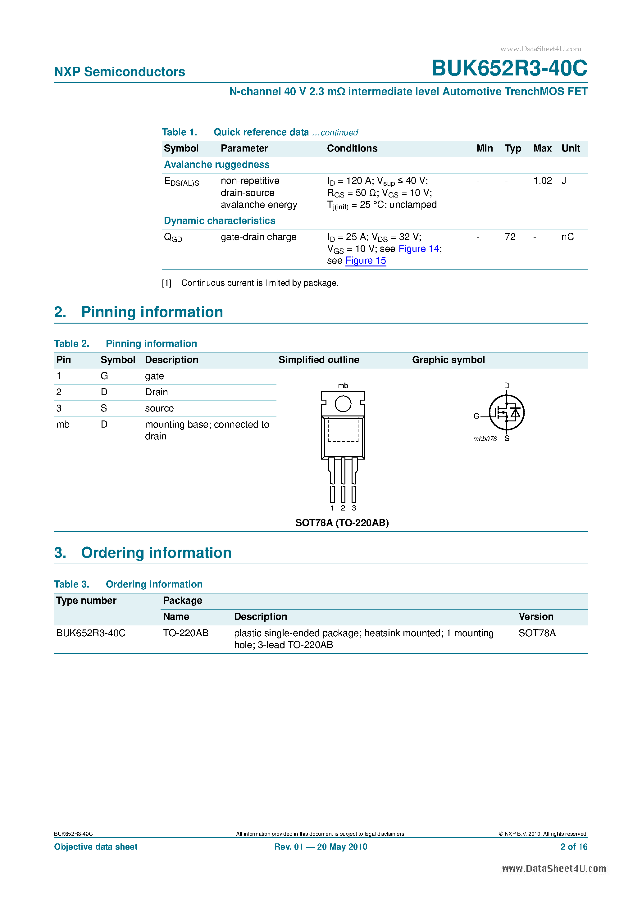 Datasheet BUK652R3-40C - N-channel 40 V 2.3 m intermediate level Automotive TrenchMOS FET page 2