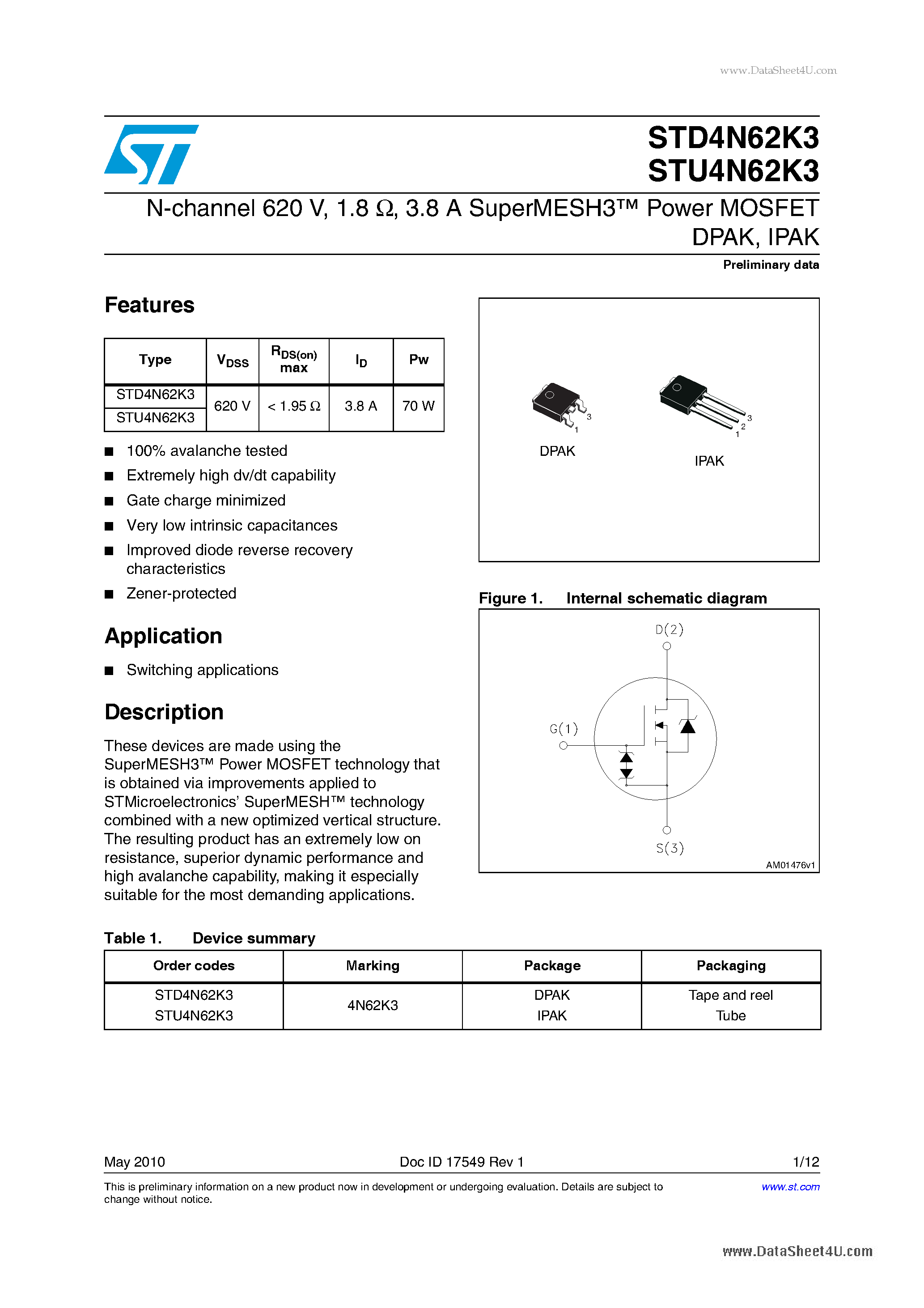 Datasheet STU4N62K3 - SuperMESH3 Power MOSFET page 1