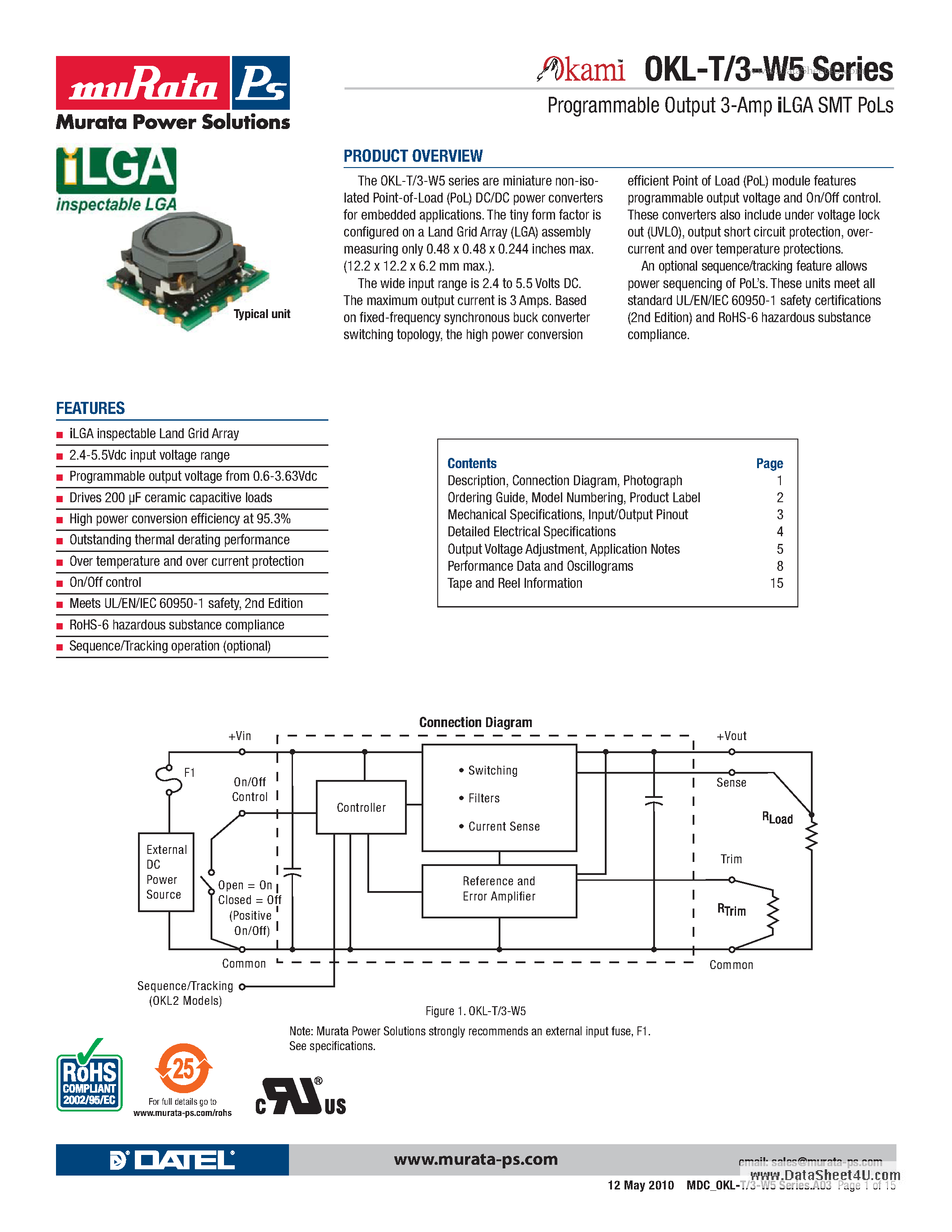 Даташит OKL-T/3-W5P-C - Programmable Output 3-Amp iLGA SMT PoLs страница 1