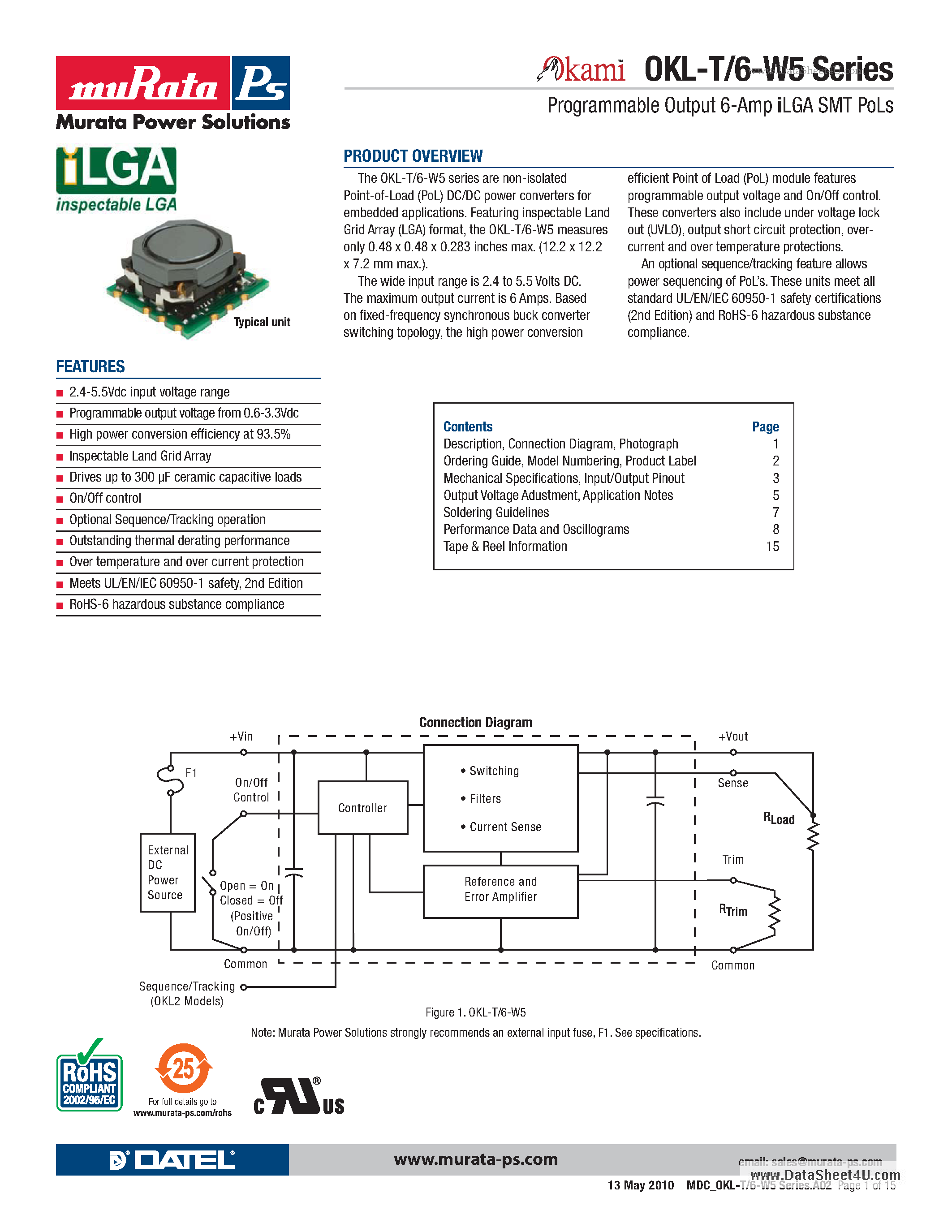 Даташит OKL-T/6-W5P-C - Programmable Output 3-Amp iLGA SMT PoLs страница 1