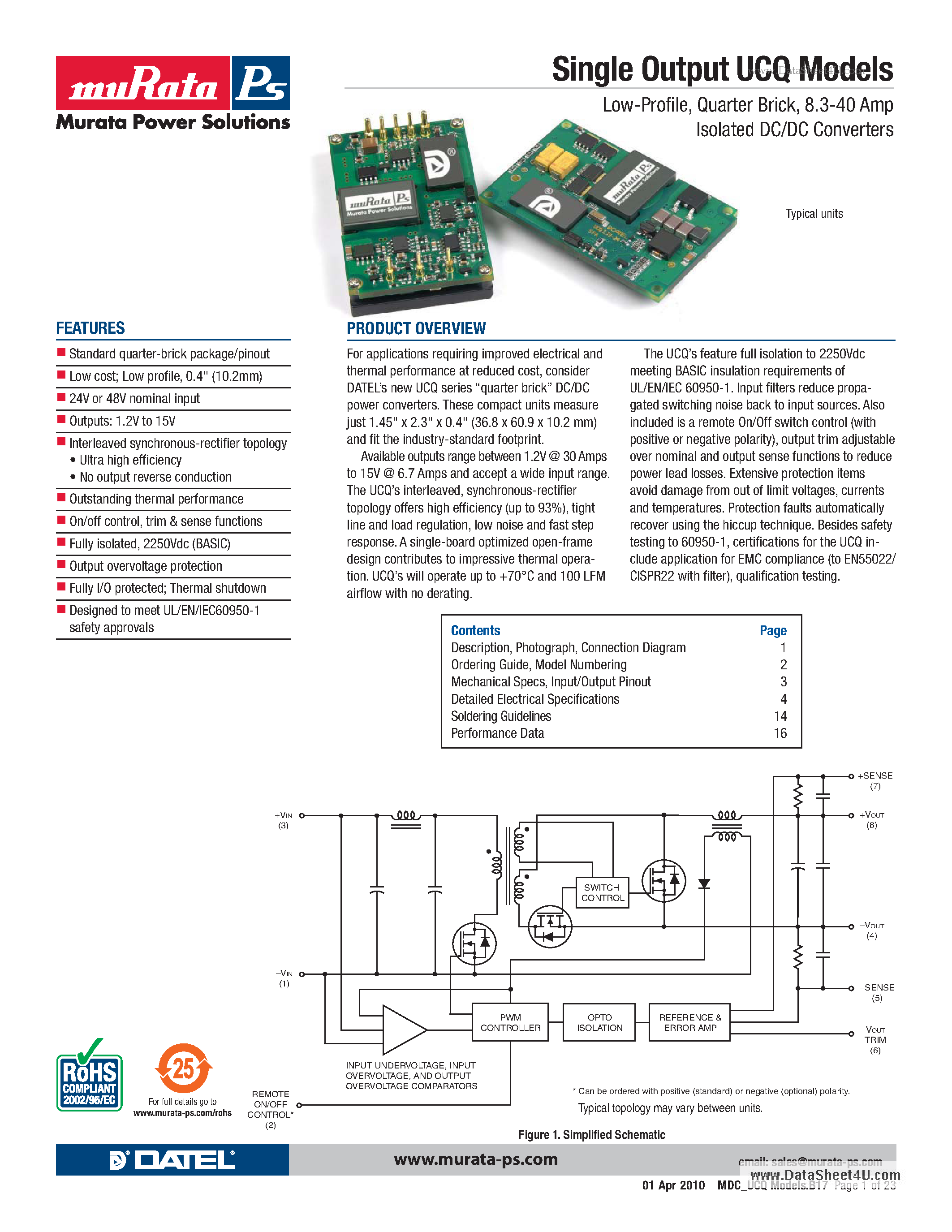 Даташит UCQ-15/6.7-D48N-C - 8.3-40 Amp Isolated DC/DC Converters страница 1