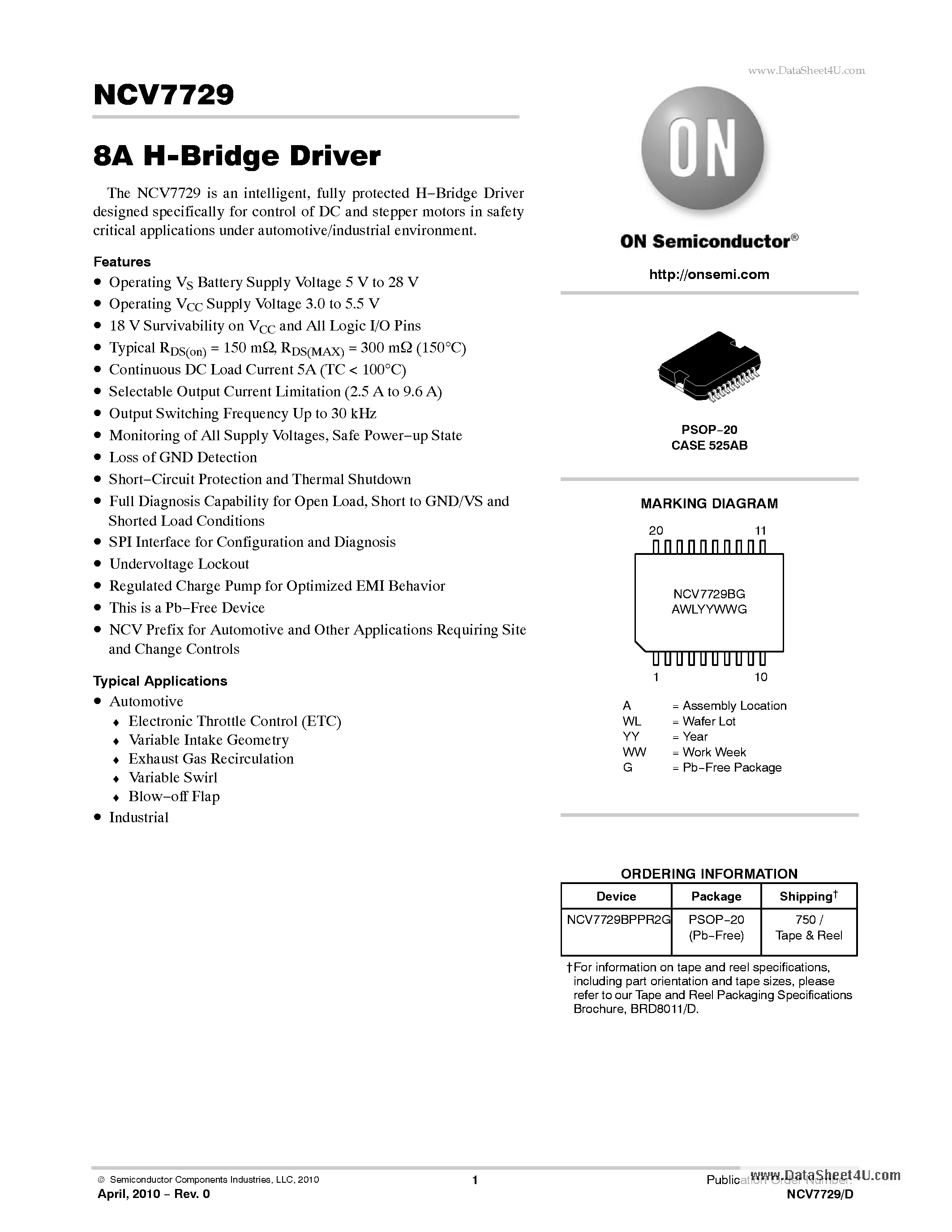 Даташит NCV7729 - 8A H-Bridge Driver страница 1