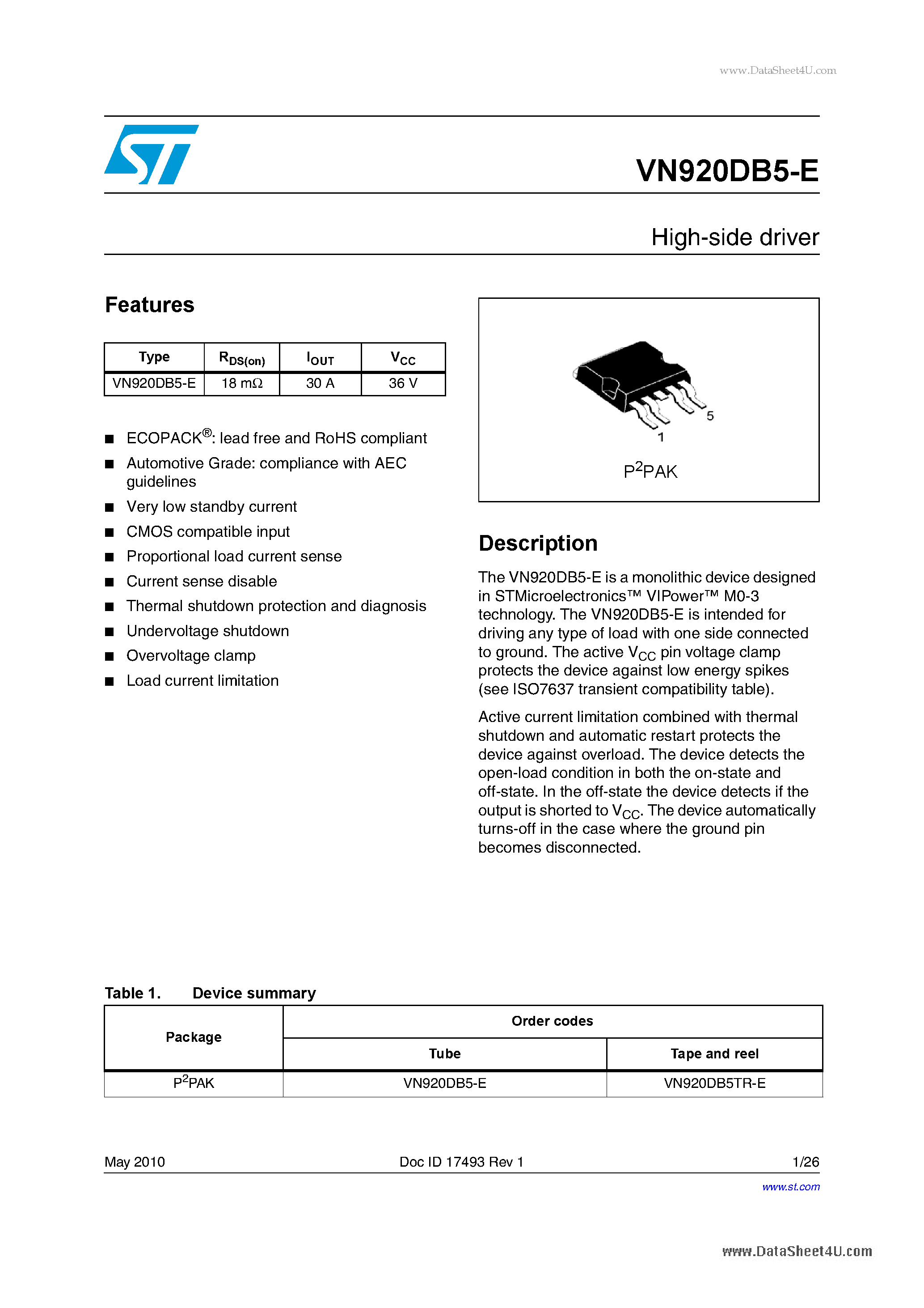 Datasheet VN920DB5-E - High-side driver page 1