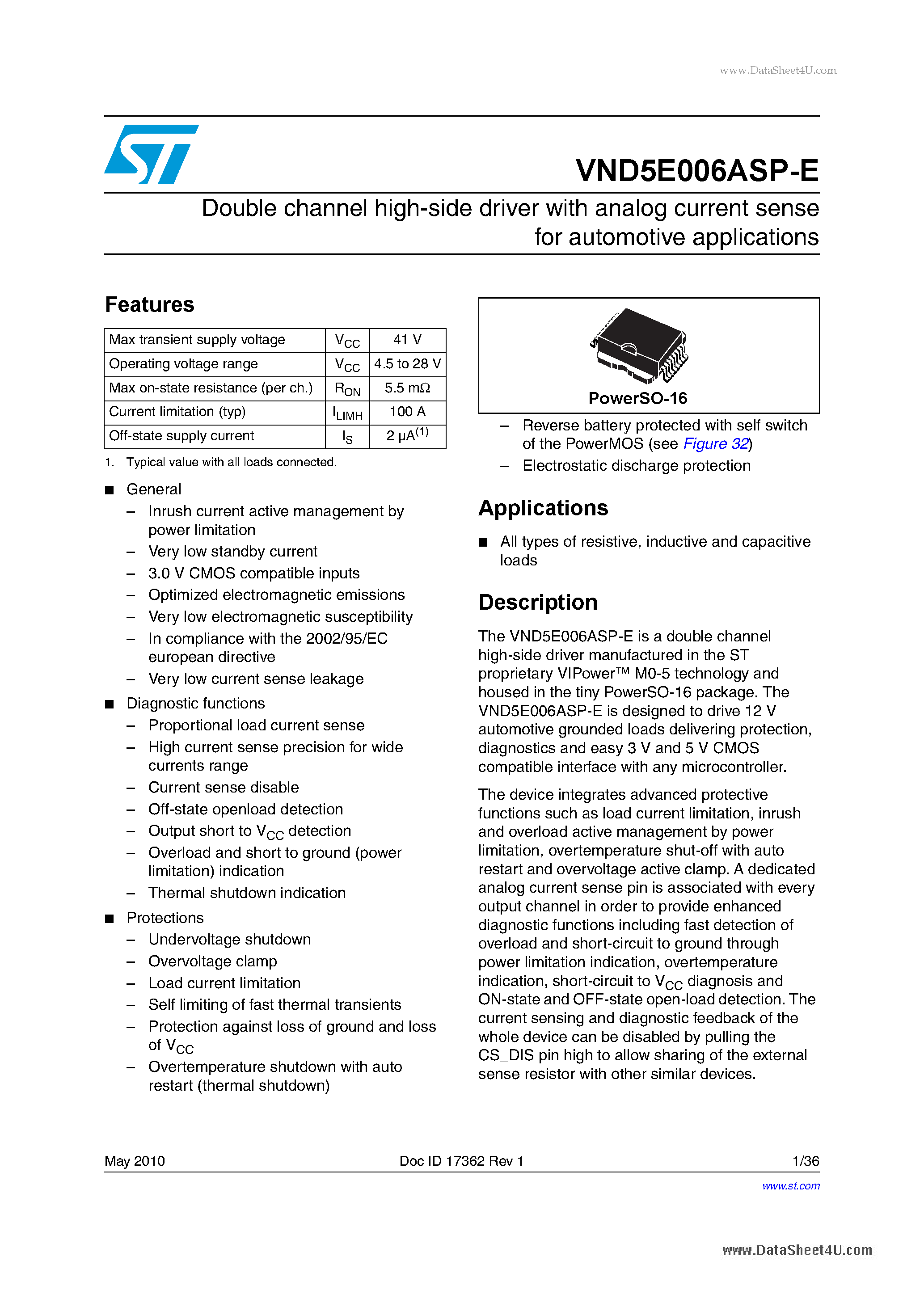 Datasheet VND5E006ASP-E - Double channel high-side driver with analog current sense page 1