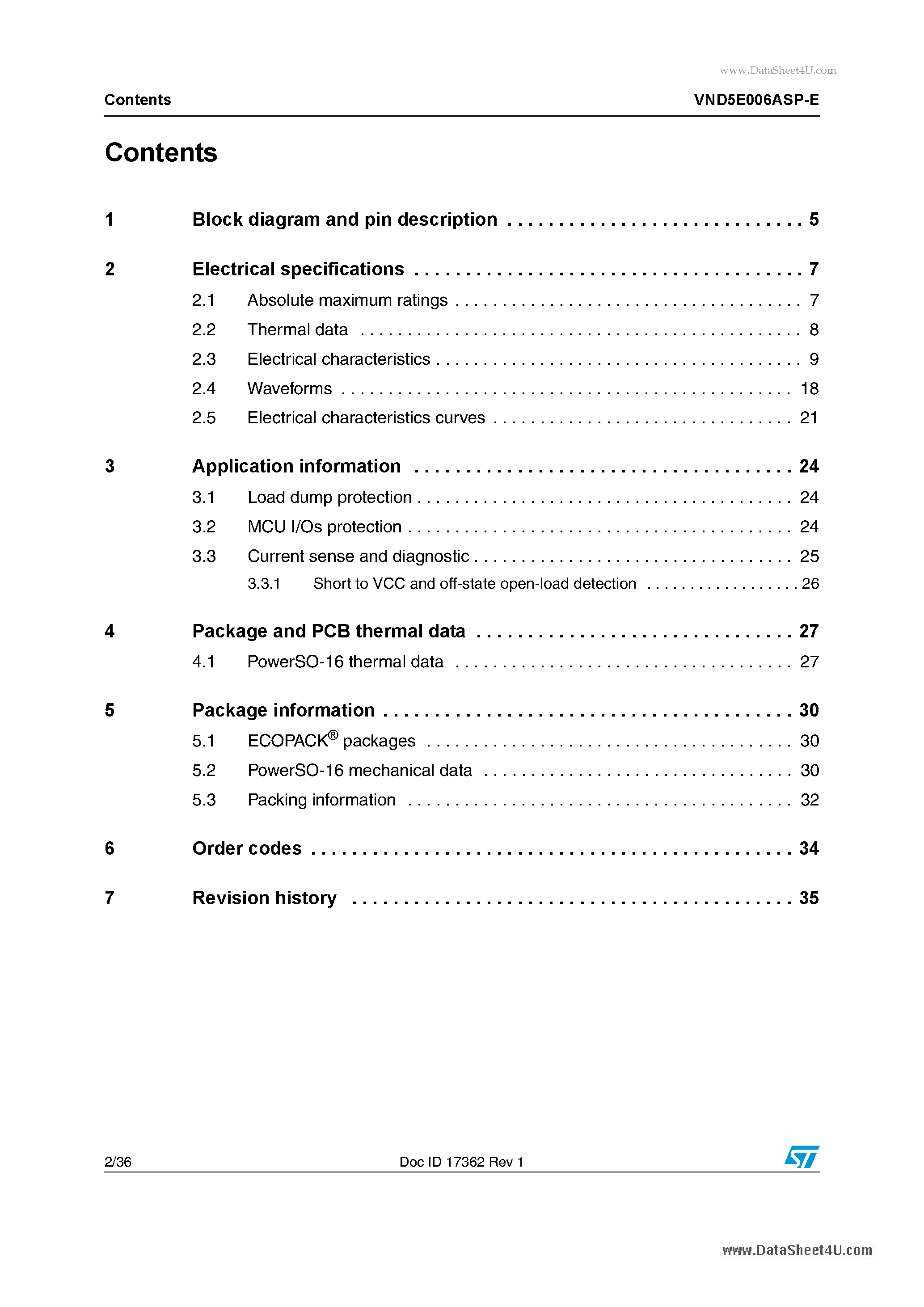 Datasheet VND5E006ASP-E - Double channel high-side driver with analog current sense page 2