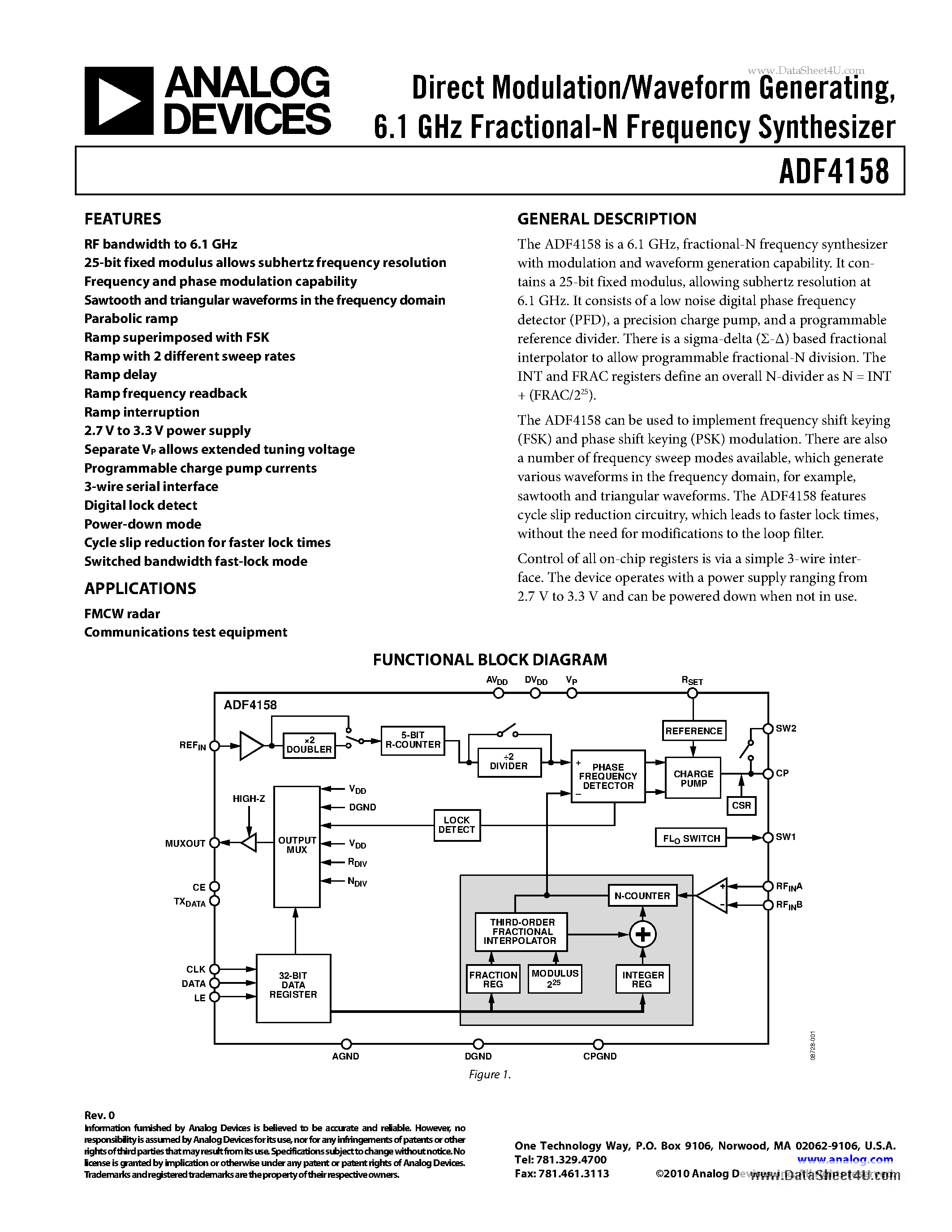 Datasheet ADF4158 - Direct Modulation/Waveform Generating 6.1 GHz Fractional-N Frequency Synthesizer page 1