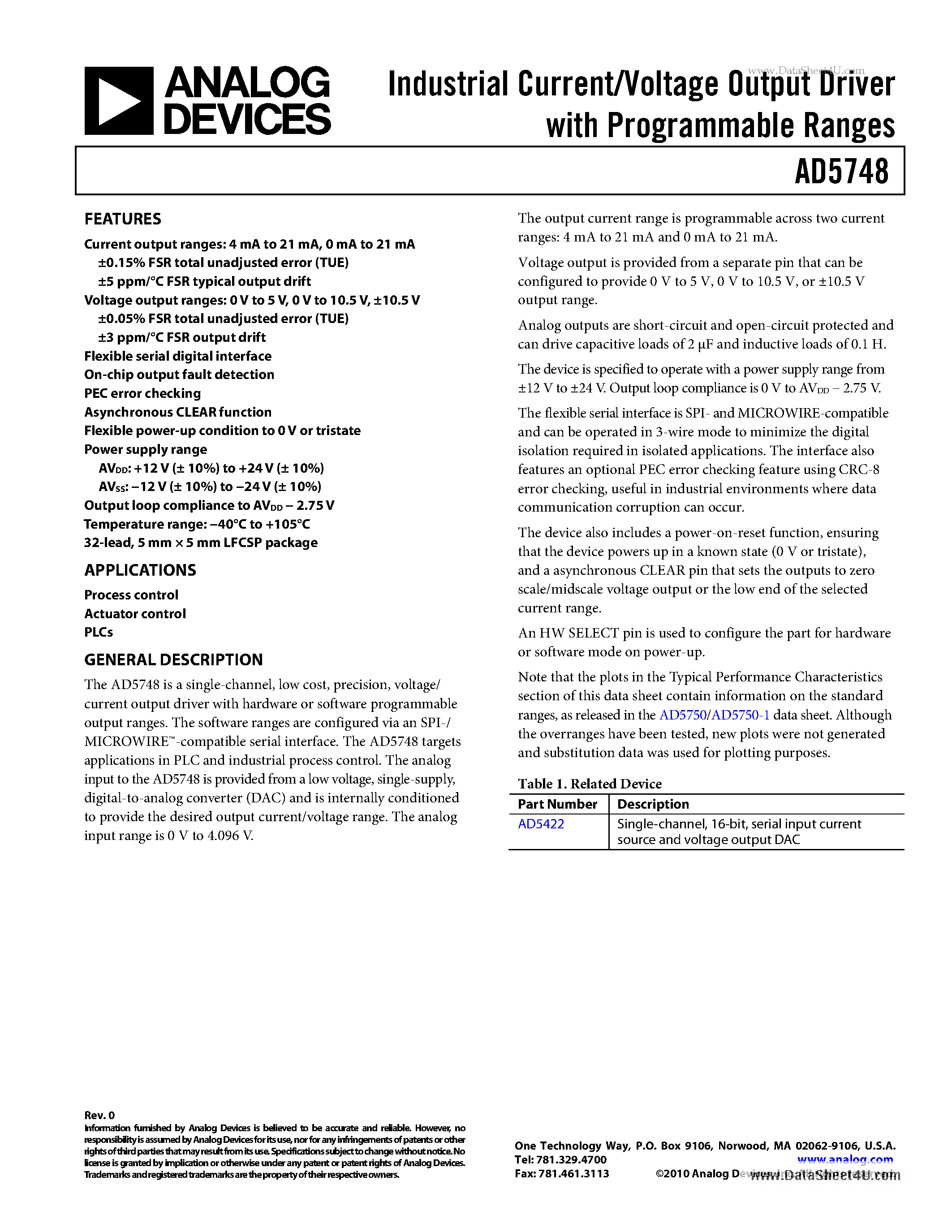 Datasheet AD5748 - Industrial Current/Voltage Output Driver page 1