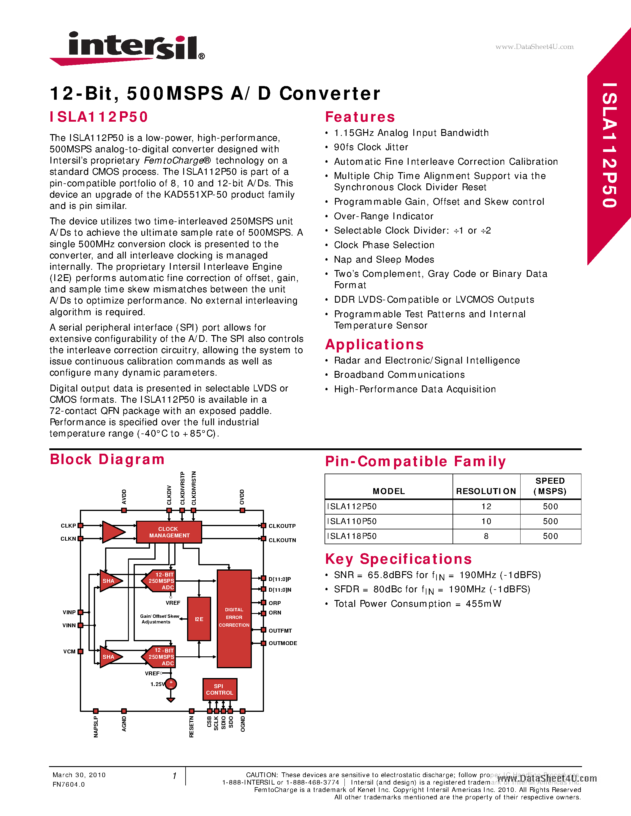 Datasheet ISLA112P50 - 500MSPS A/D Converter page 1