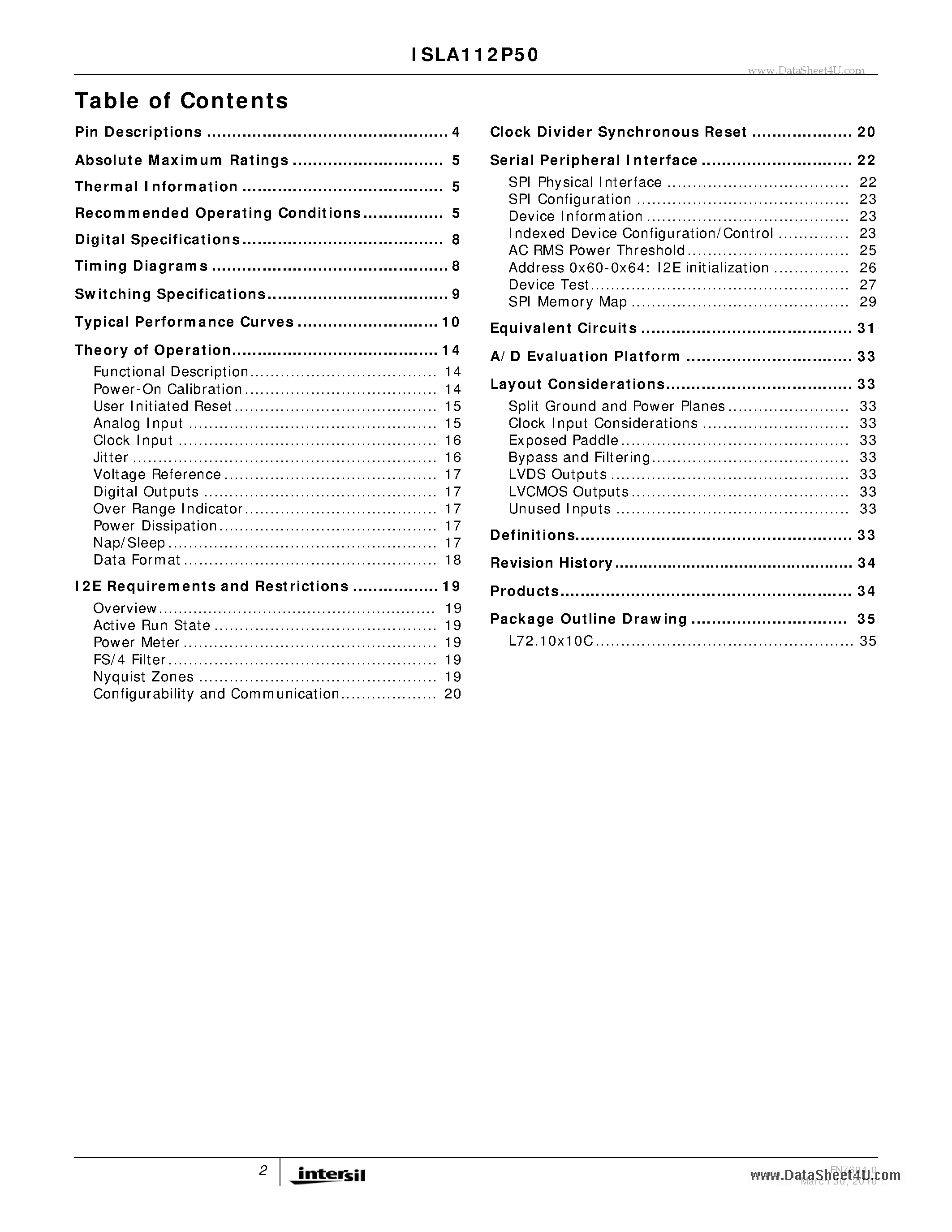 Datasheet ISLA112P50 - 500MSPS A/D Converter page 2