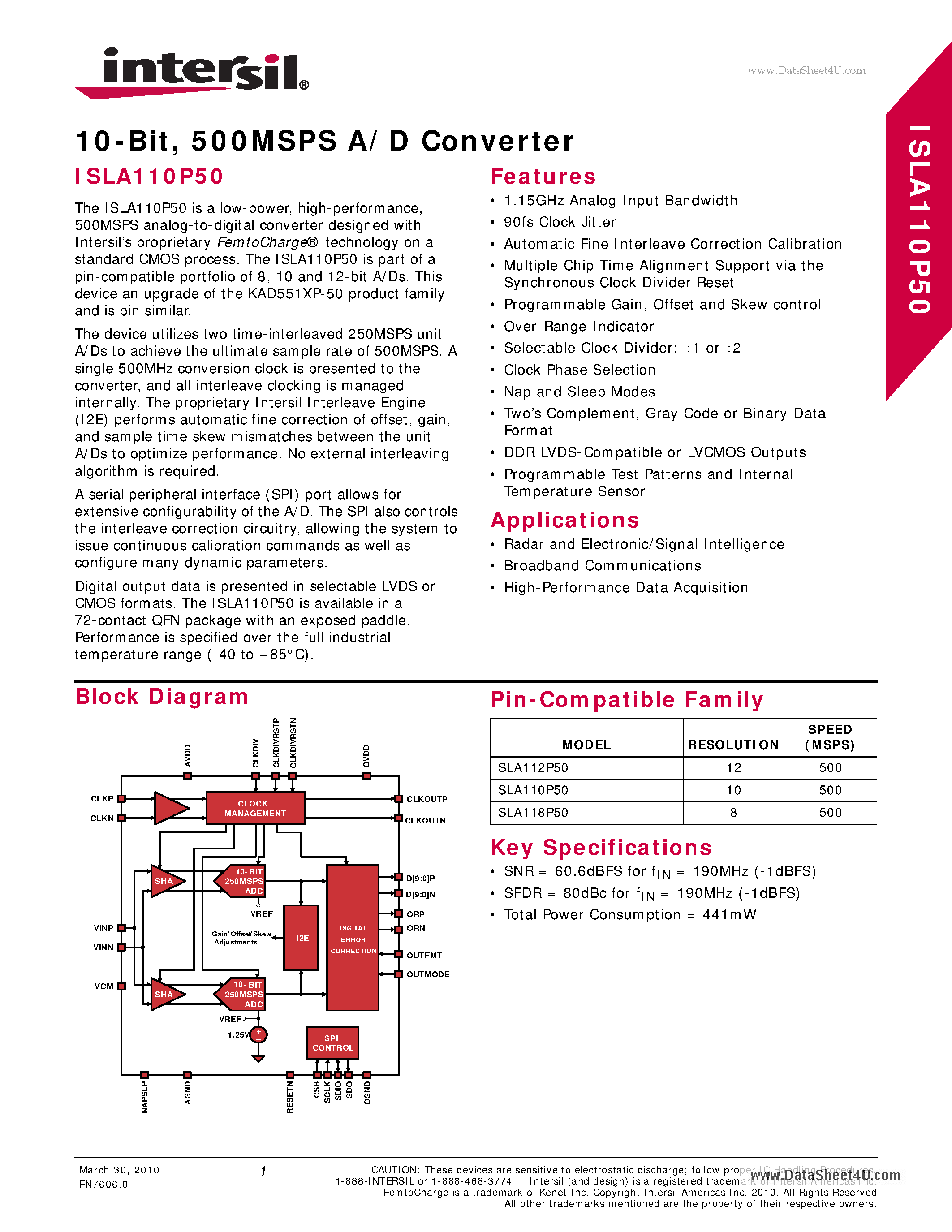 Datasheet ISLA110P50 - 500MSPS A/D Converter page 1