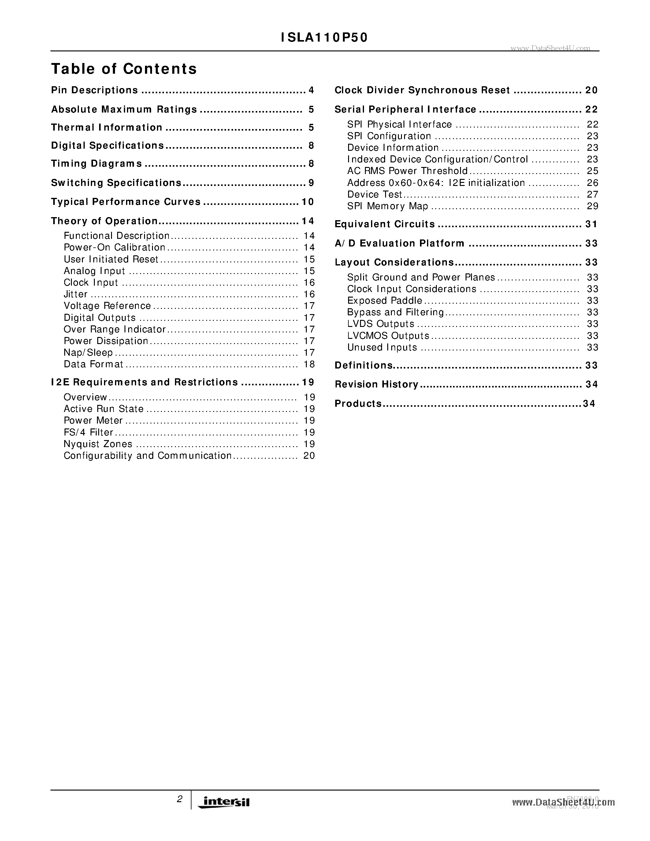 Datasheet ISLA110P50 - 500MSPS A/D Converter page 2