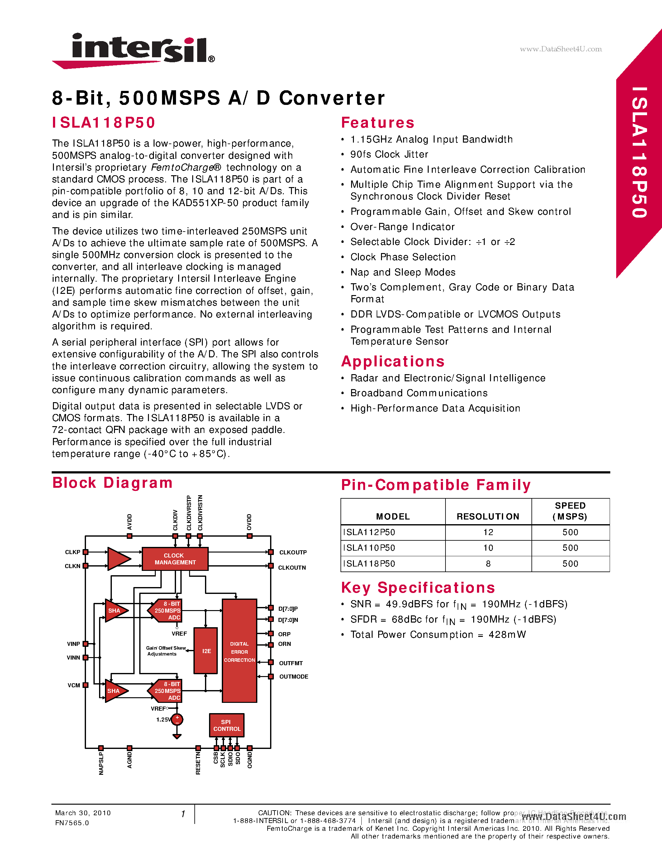 Datasheet ISLA118P50 - 500MSPS A/D Converter page 1