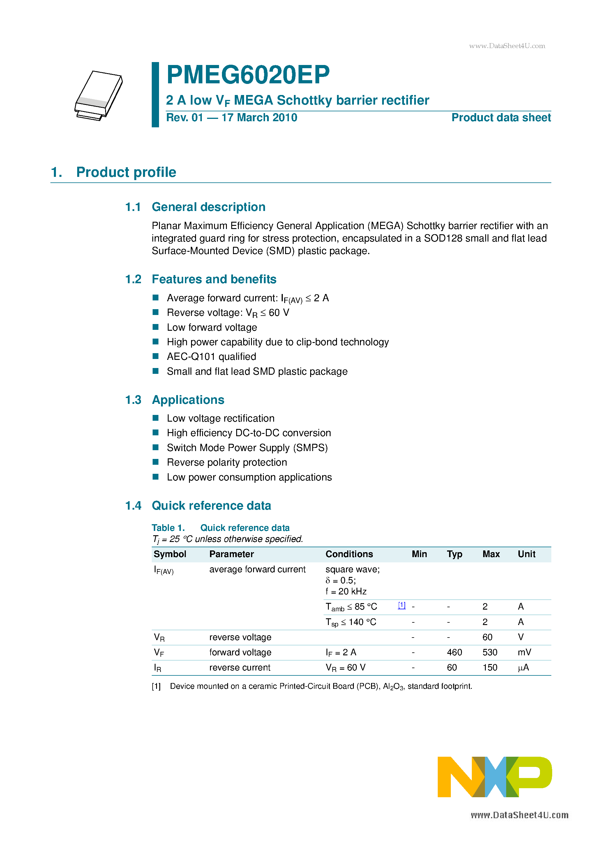Даташит PMEG6020EP - 2 A low VF MEGA Schottky barrier rectifier страница 1