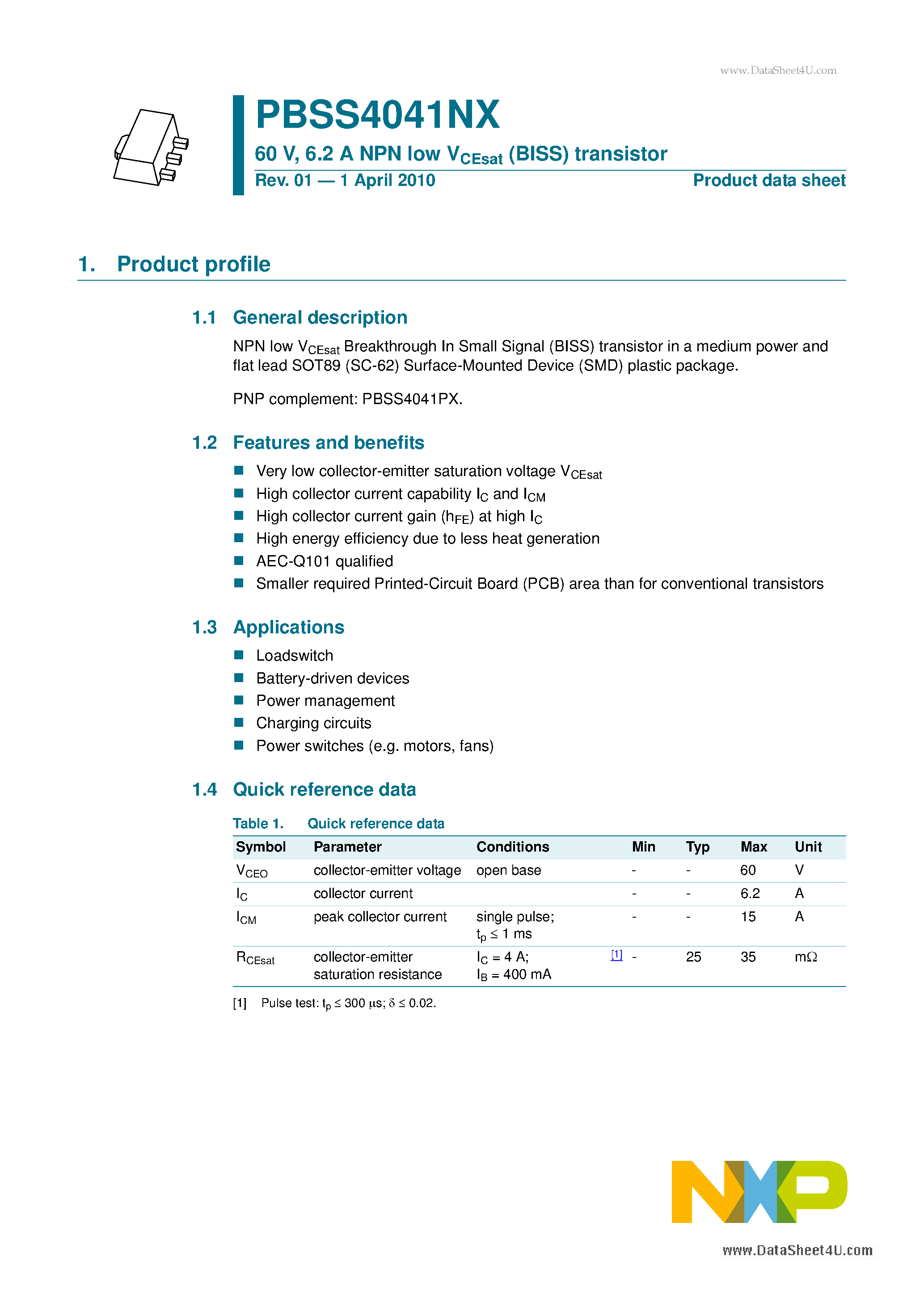 Даташит PBSS4041NX - 6.2 A NPN low VCEsat (BISS) transistor страница 1