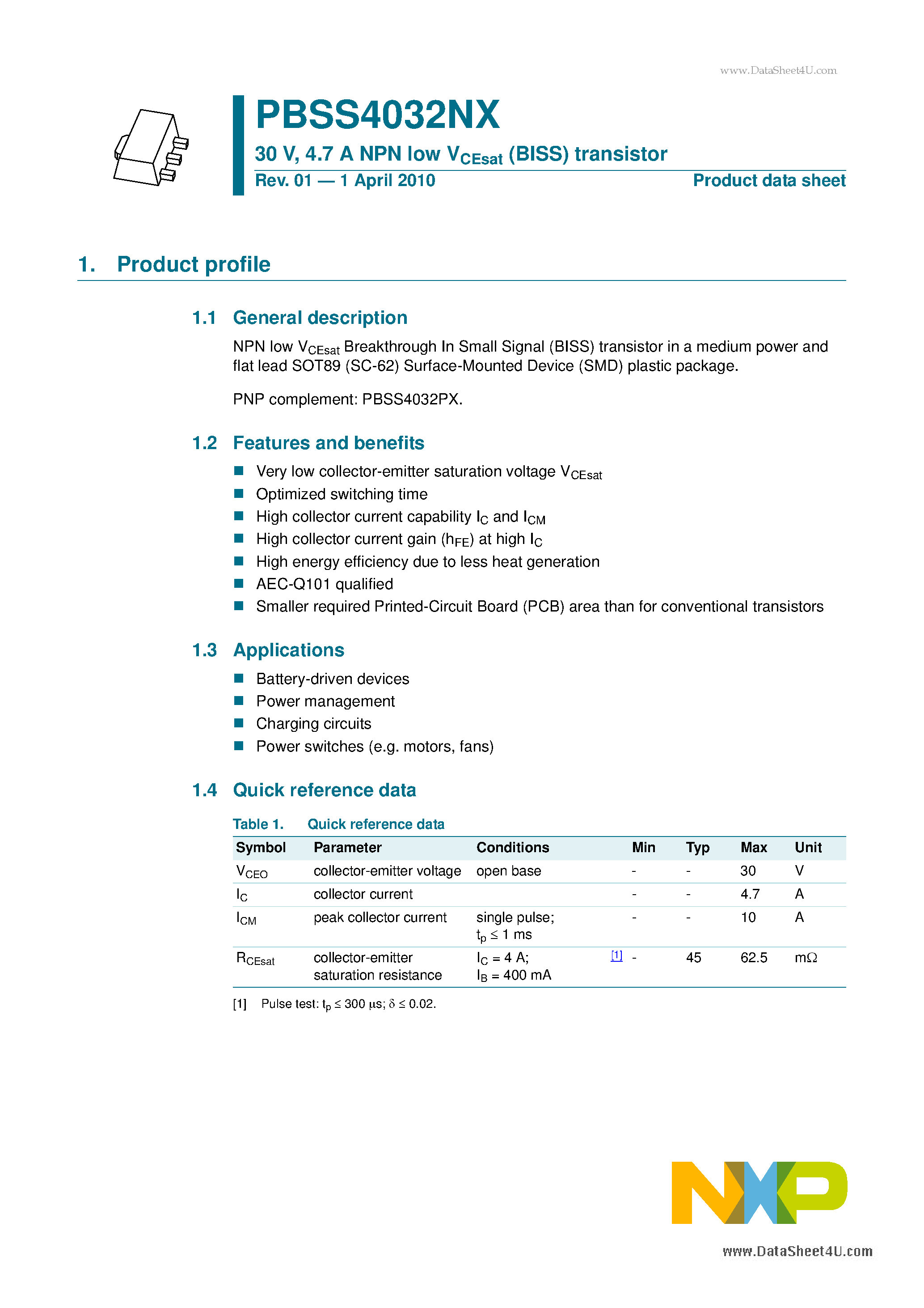 Datasheet PBSS4032NX - 4.7 A NPN low VCEsat (BISS) transistor page 1