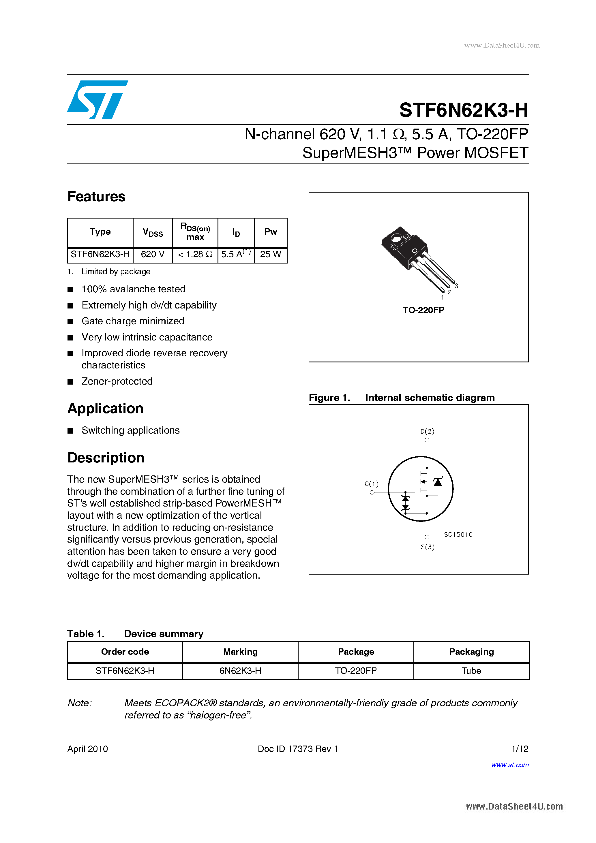 Даташит STF6N62K3-H - TO-220FP SuperMESH3 Power MOSFET страница 1