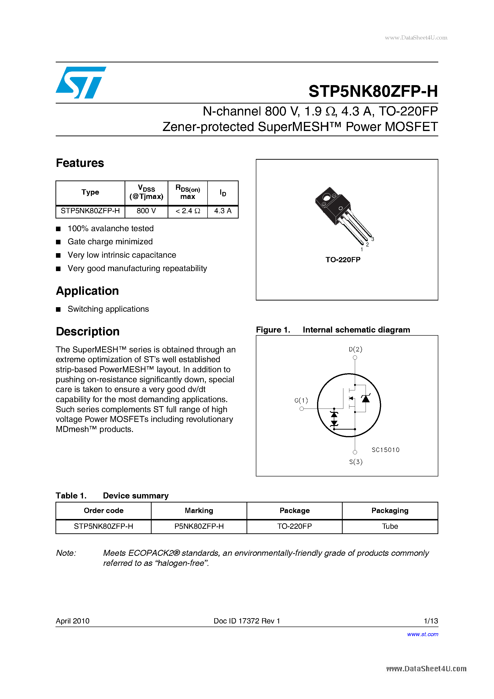 Даташит STP5NK80ZFP-H - TO-220FP Zener-protected SuperMESH Power MOSFET страница 1