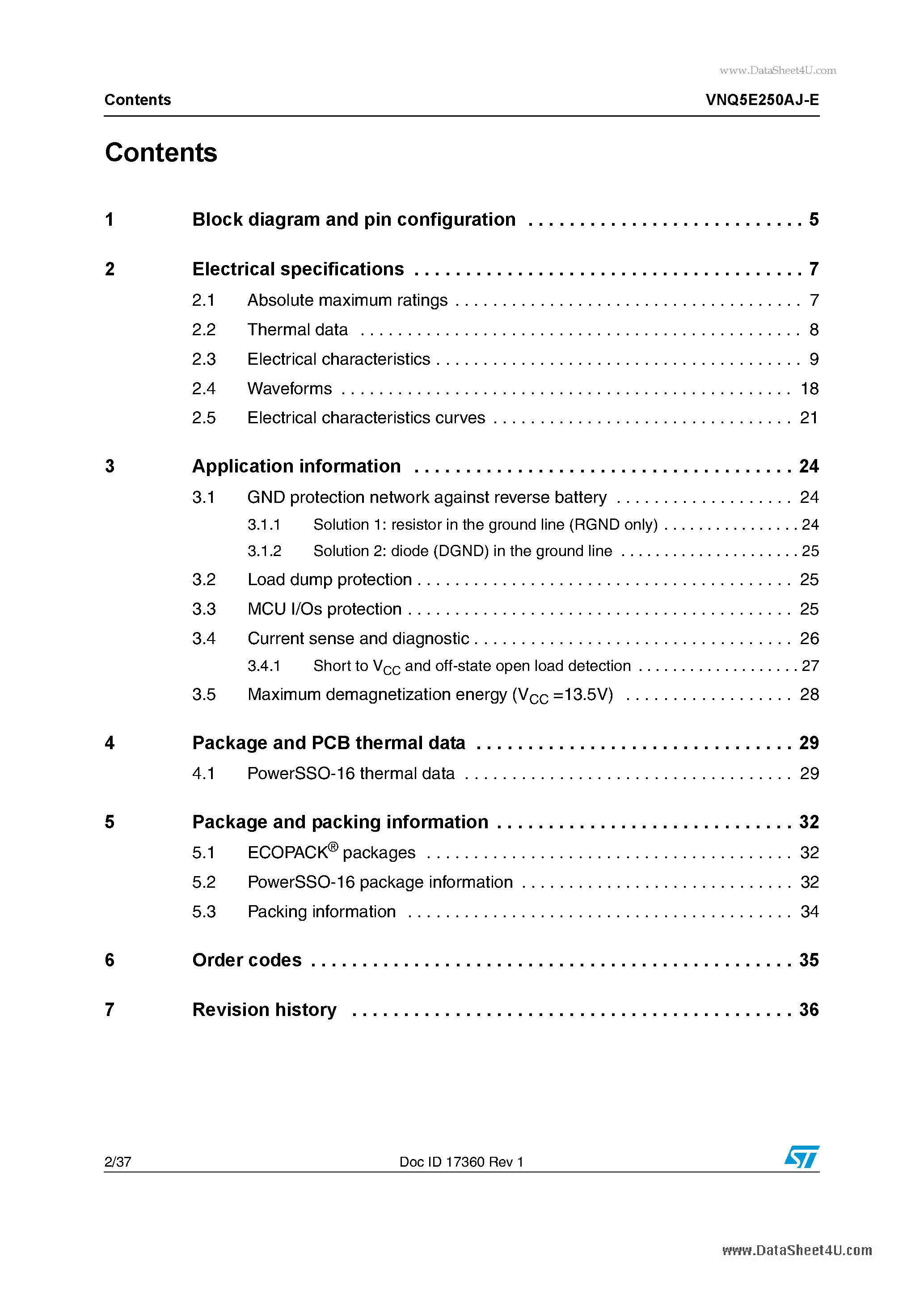 Datasheet VNQ5E250AJ-E - Quad channel high-side driver with analog current sense page 2