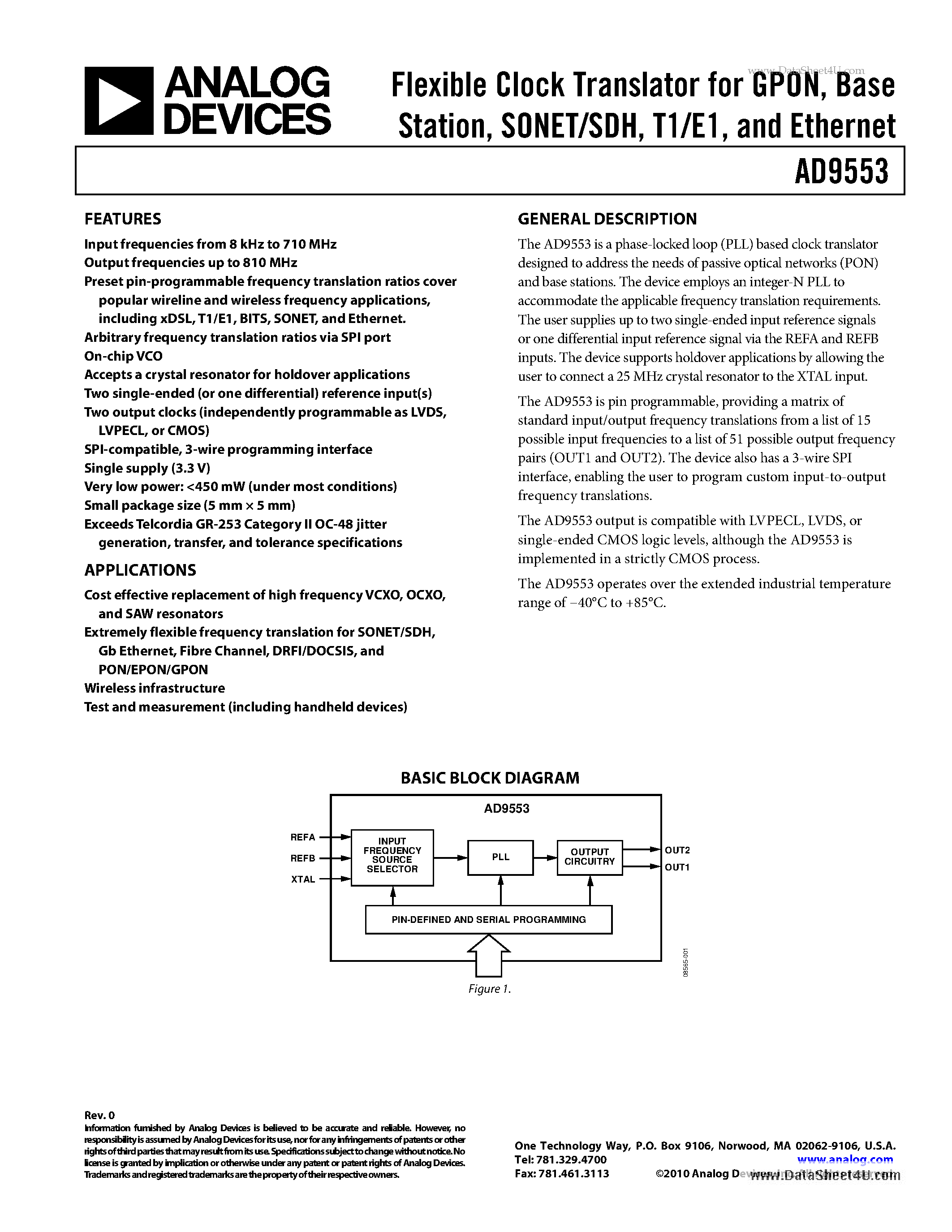 Datasheet AD9553 - Flexible Clock Translator page 1