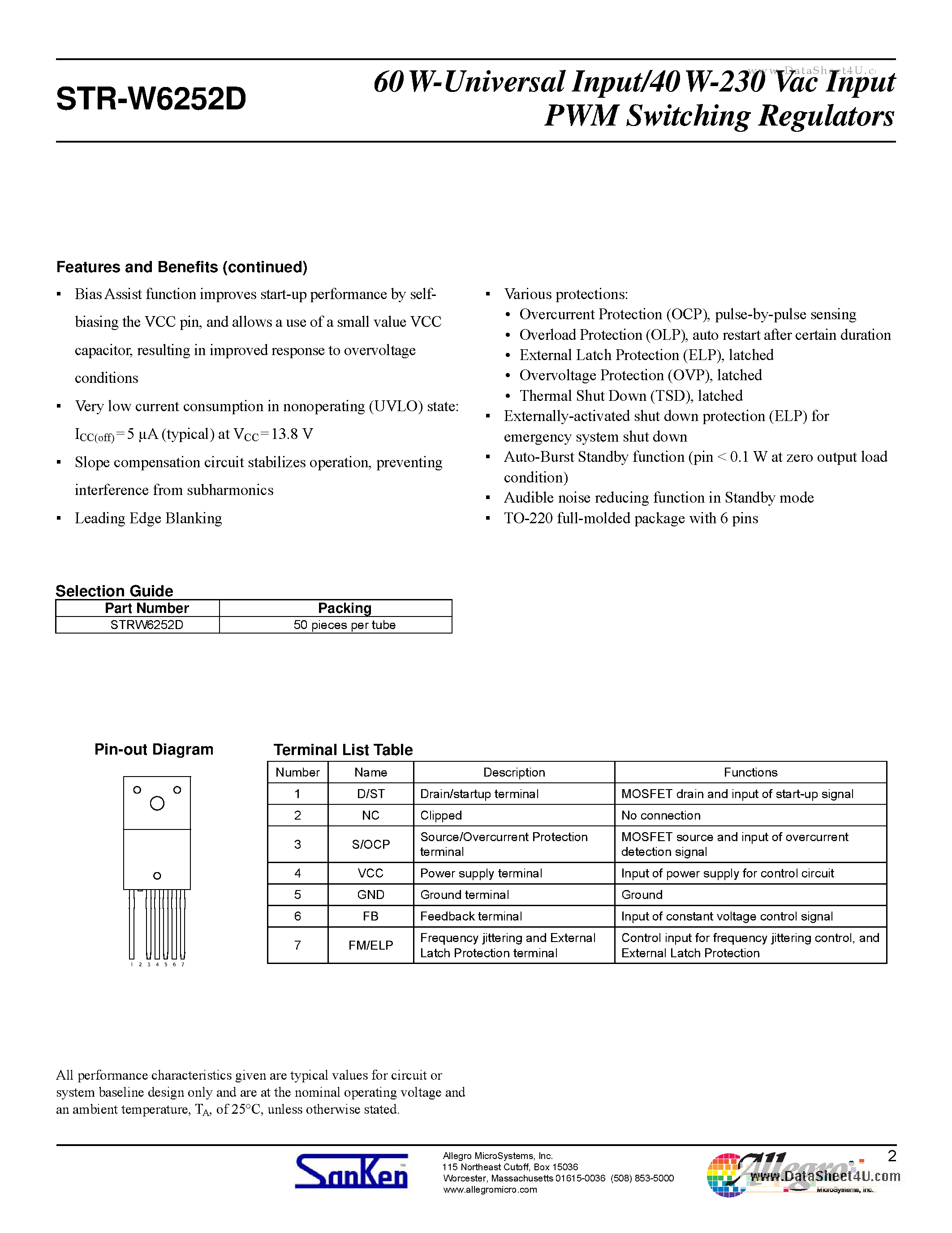 Даташит STR-W6252D - 60 W-Universal Input/40 W-230 Vac Input PWM Switching Regulators страница 2