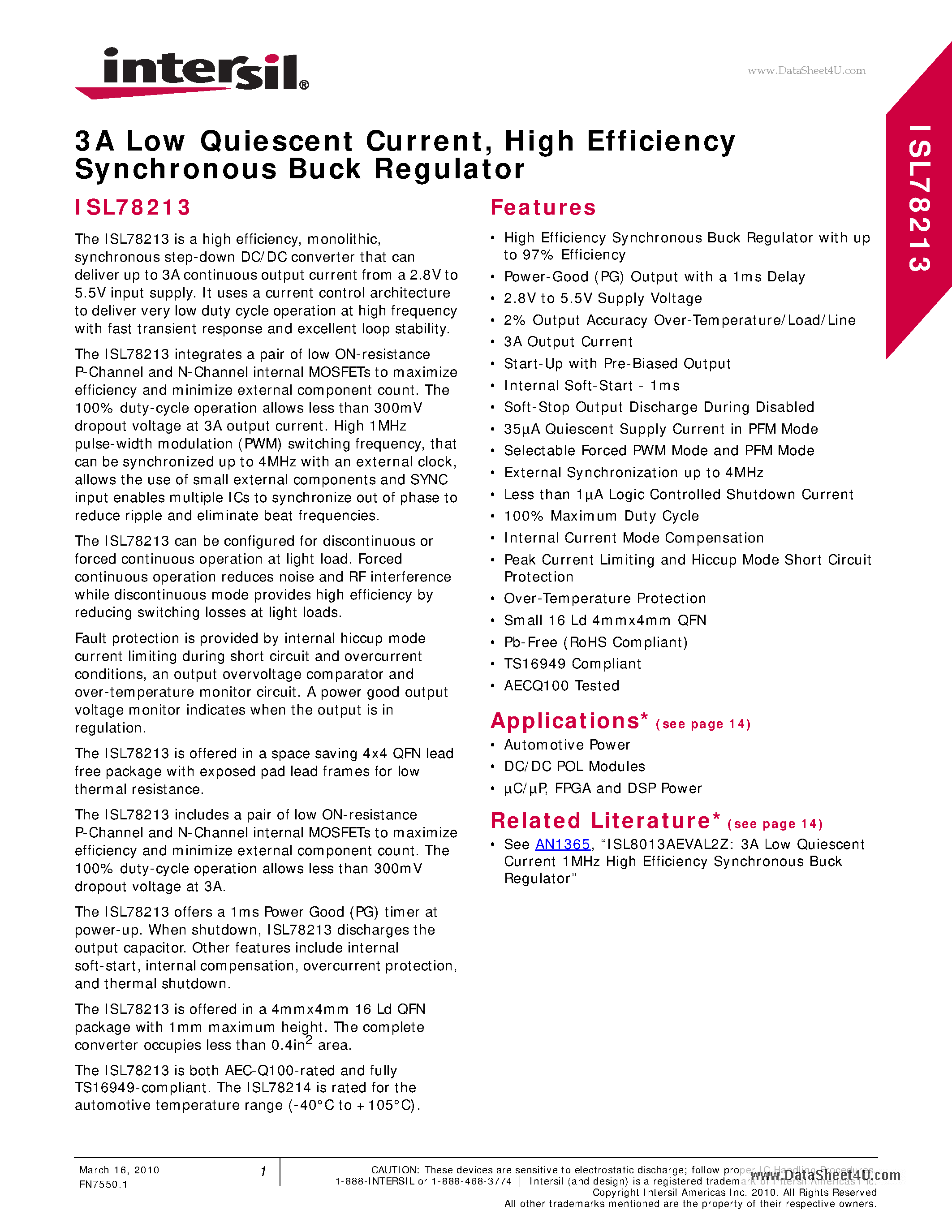 Datasheet ISL78213 - 3A Low Quiescent Current High Efficiency Synchronous Buck Regulator page 1