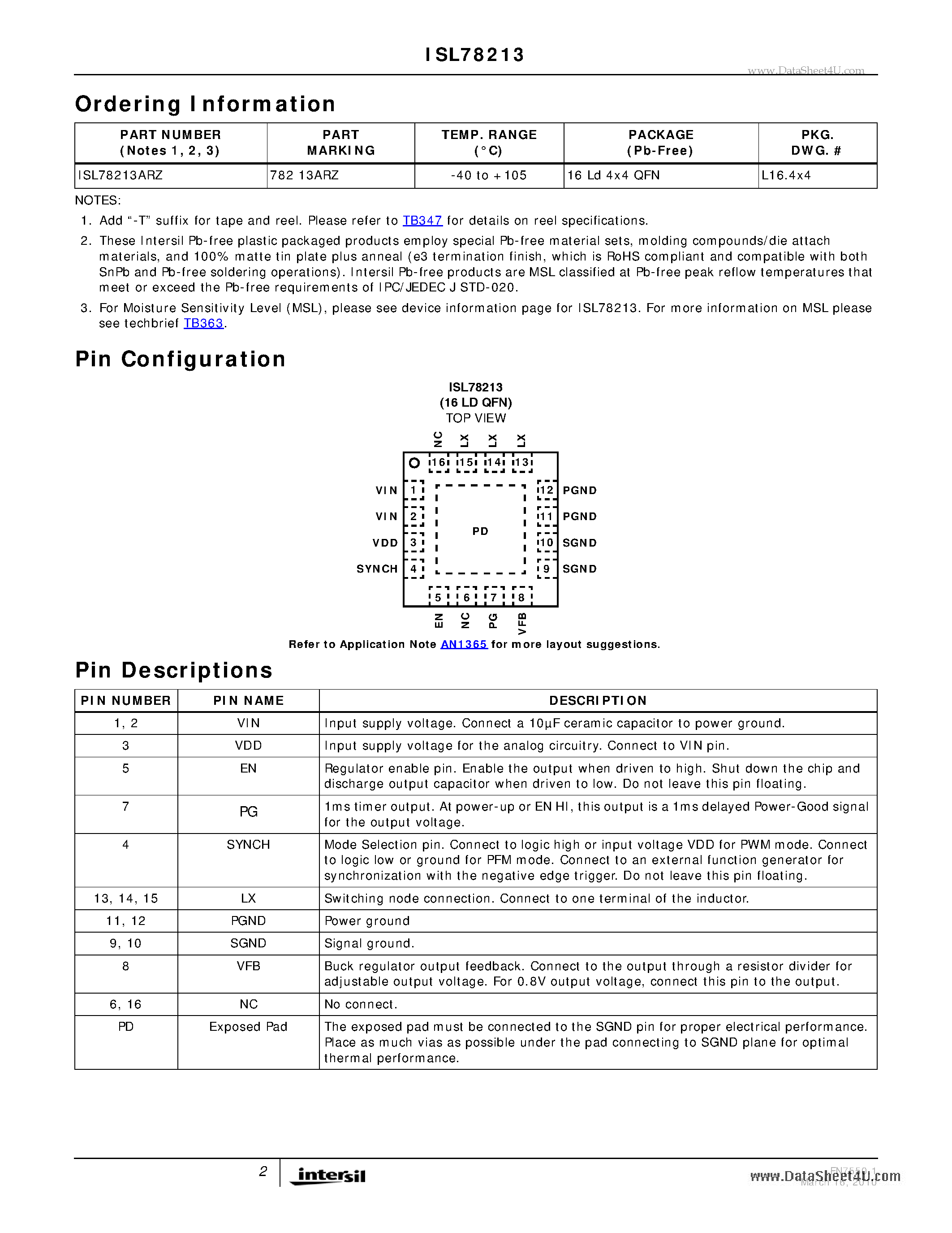 Datasheet ISL78213 - 3A Low Quiescent Current High Efficiency Synchronous Buck Regulator page 2