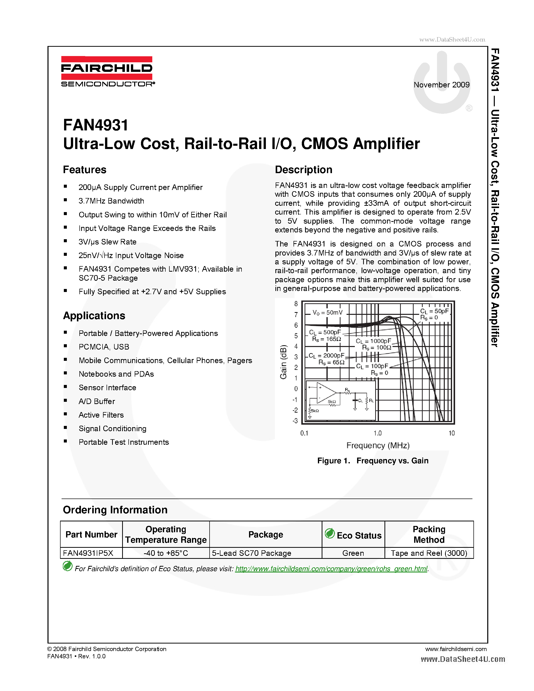 Даташит FAN4931 - Ultra-Low Cost - Rail To Rail I/O for CMOS Amplifier страница 1