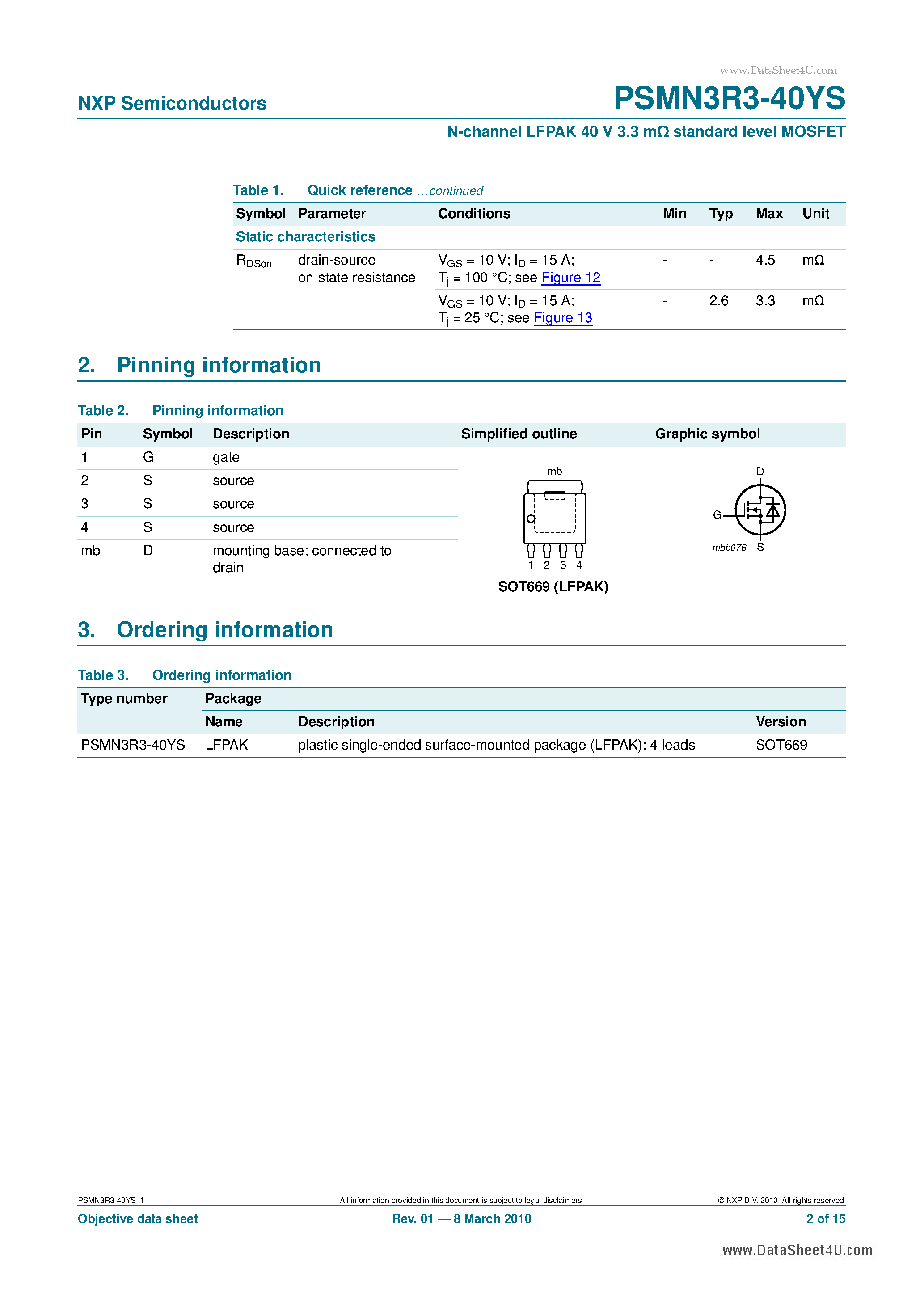 Даташит PSMN3R3-40YS - N-channel LFPAK 40 V 3.3 m standard level MOSFET страница 2