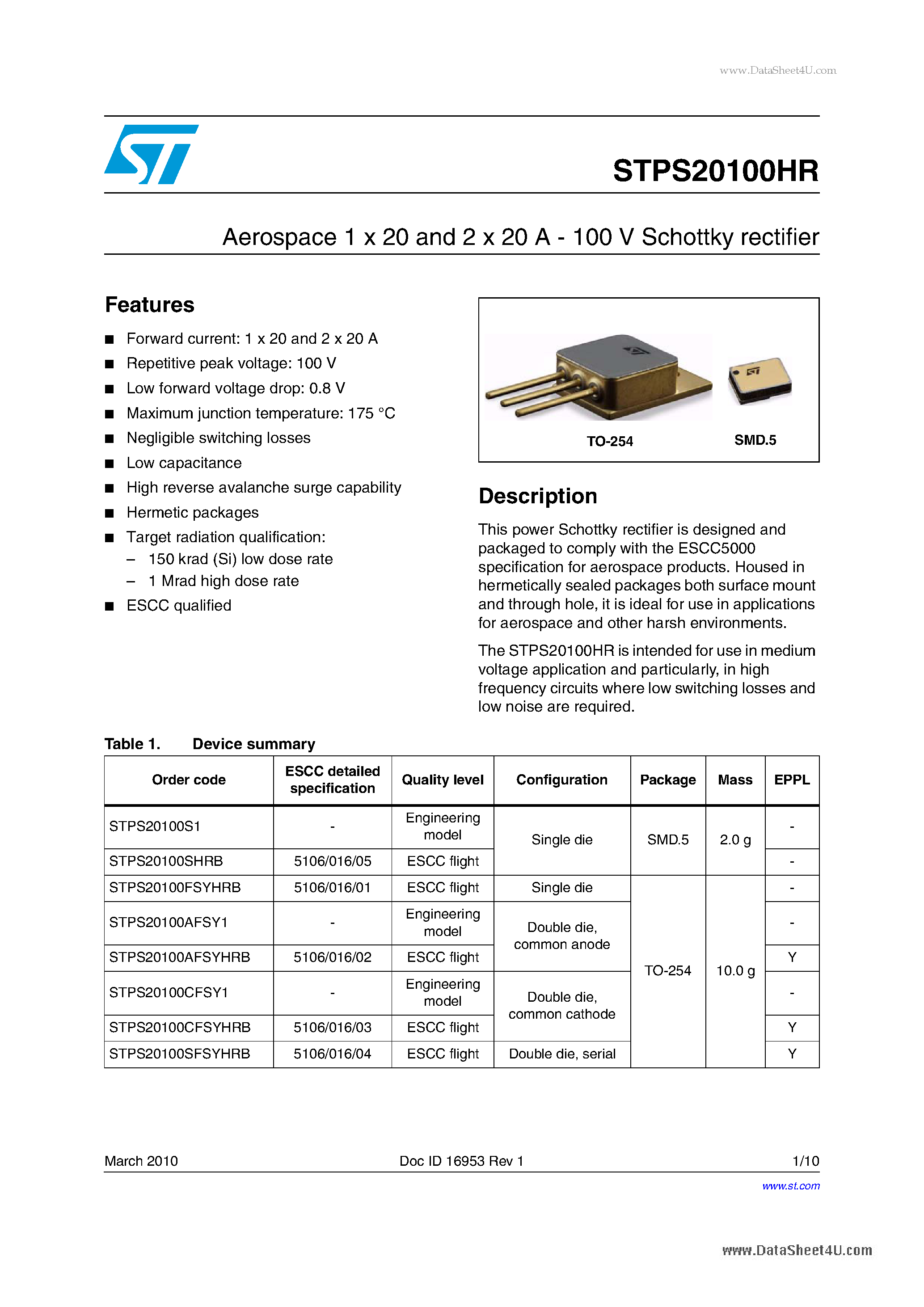 Даташит STPS20100HR - Aerospace 1 x 20 and 2 x 20 A - 100 V Schottky rectifier страница 1