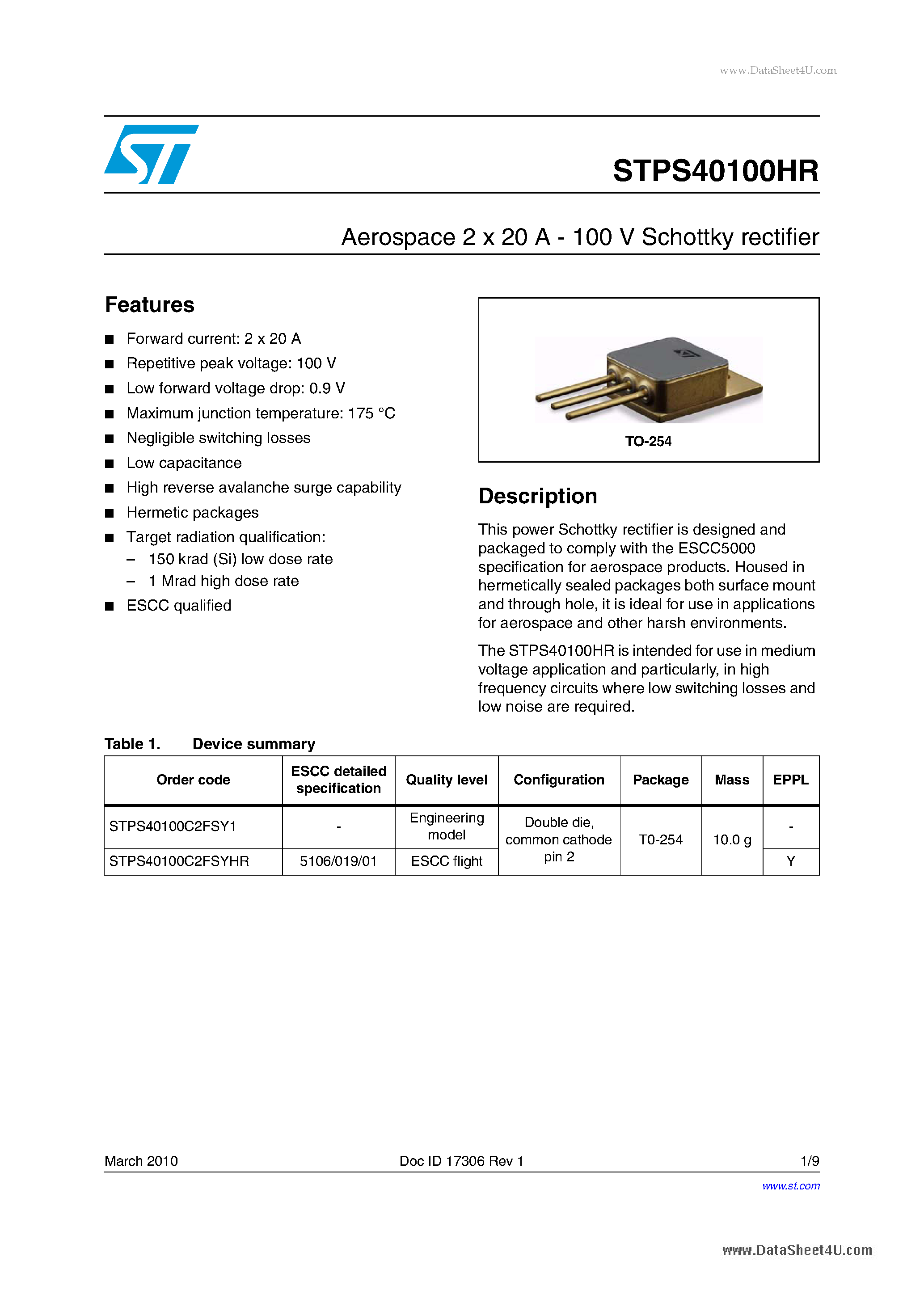 Даташит STPS40100HR - Aerospace 2 x 20 A - 100 V Schottky rectifier страница 1