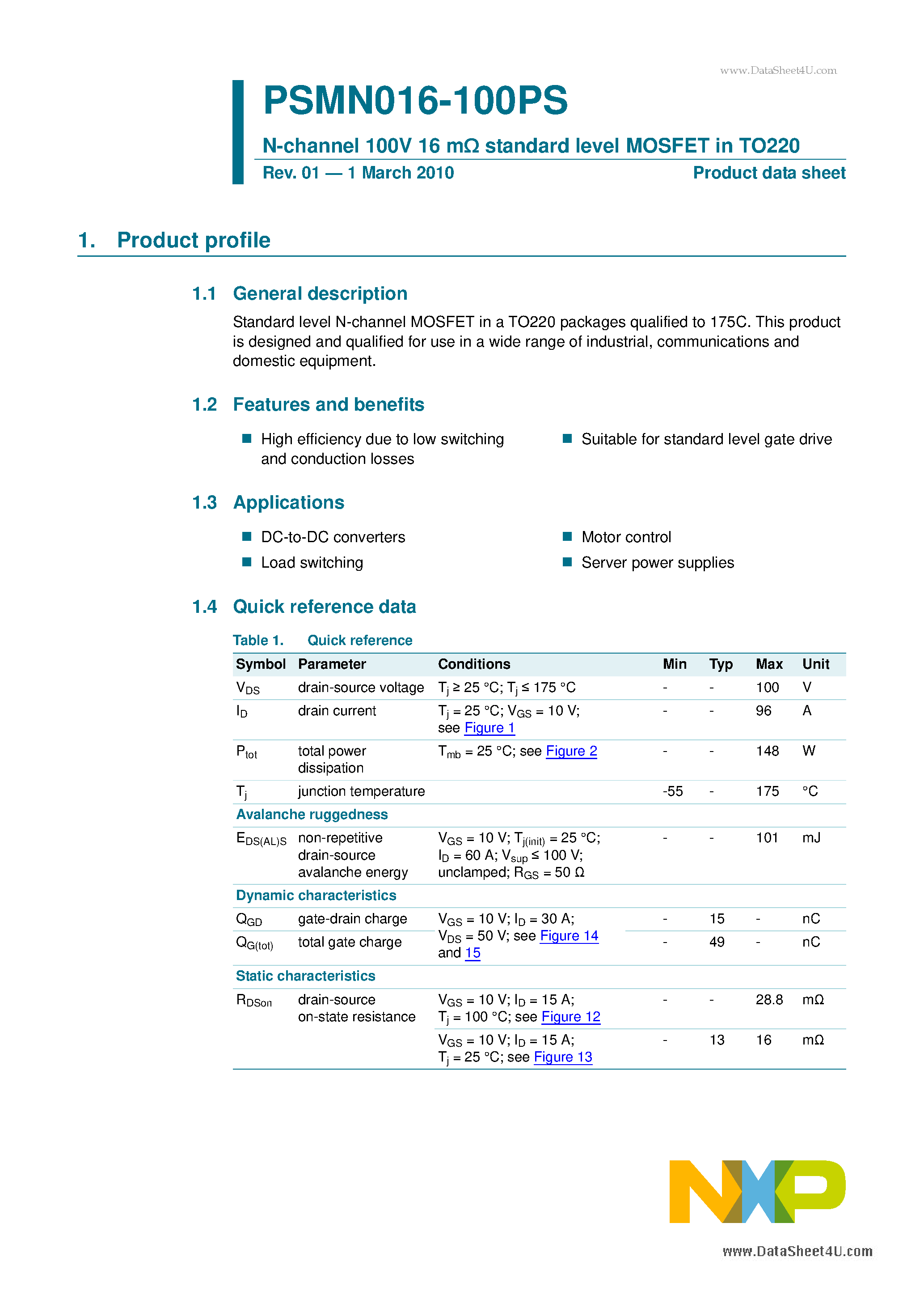 Datasheet PSMN016-100PS - N-channel 100V 16 m standard level MOSFET page 1