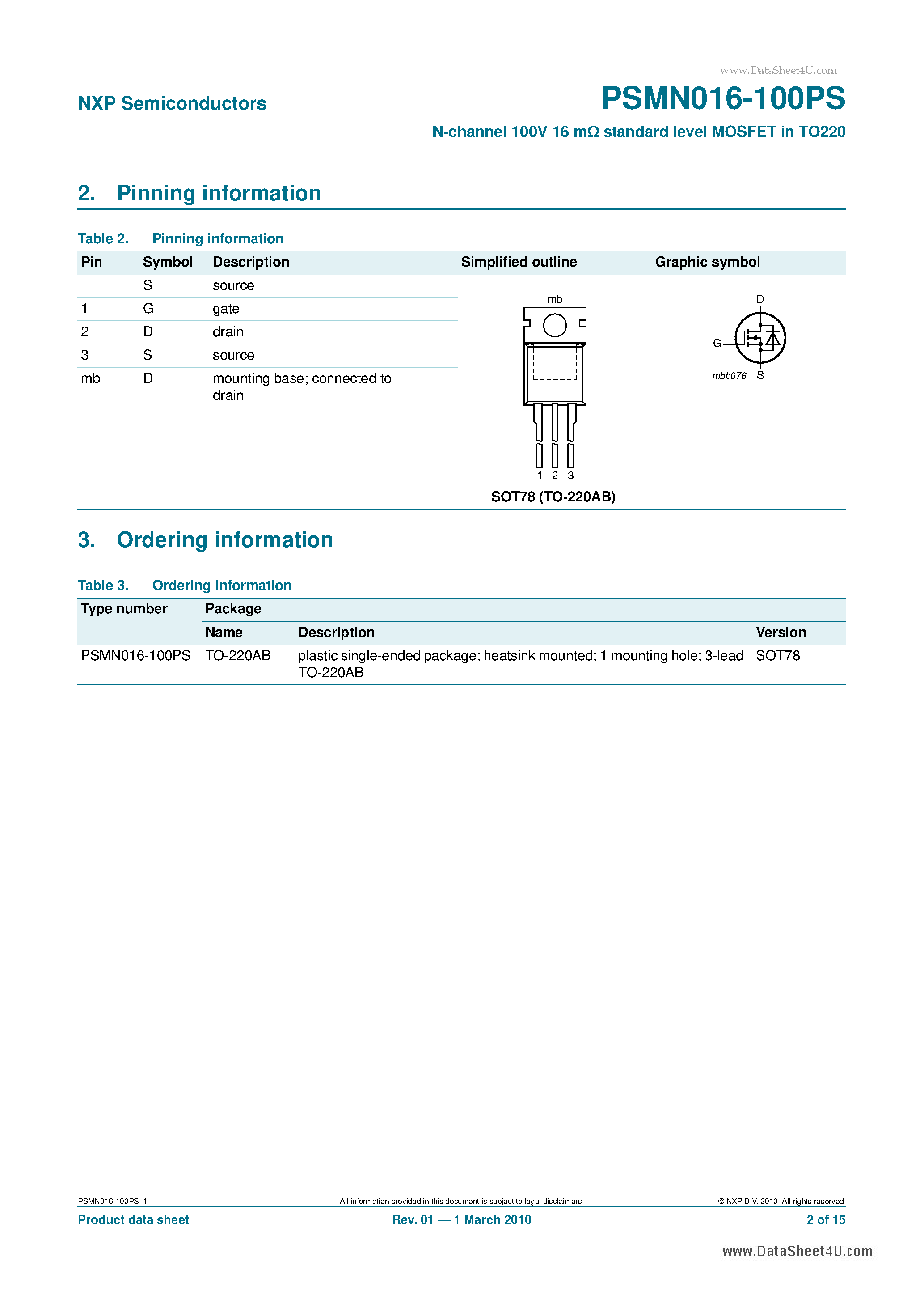 Datasheet PSMN016-100PS - N-channel 100V 16 m standard level MOSFET page 2