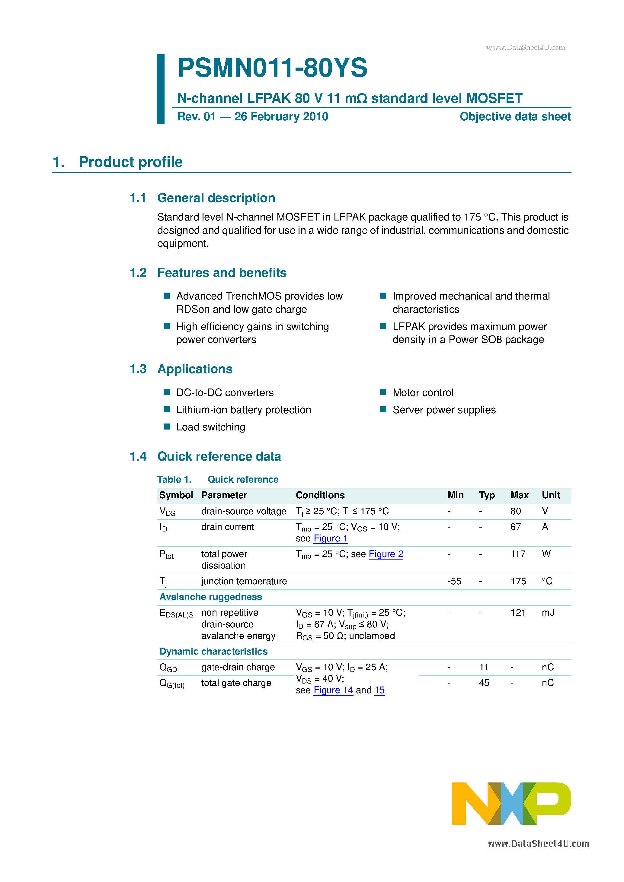 Даташит PSMN011-80YS - N-channel LFPAK 80 V 11 m standard level MOSFET страница 1