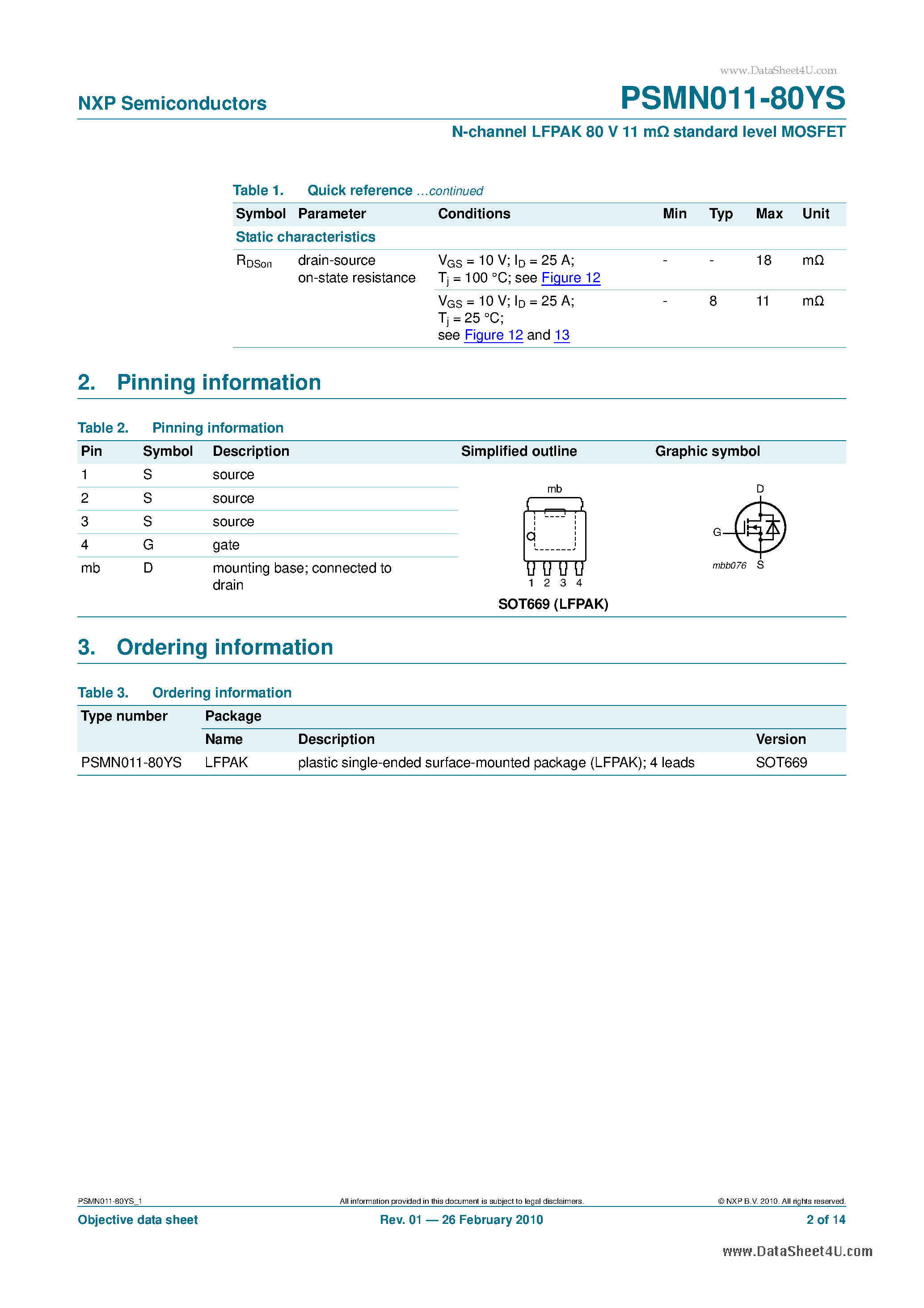 Даташит PSMN011-80YS - N-channel LFPAK 80 V 11 m standard level MOSFET страница 2