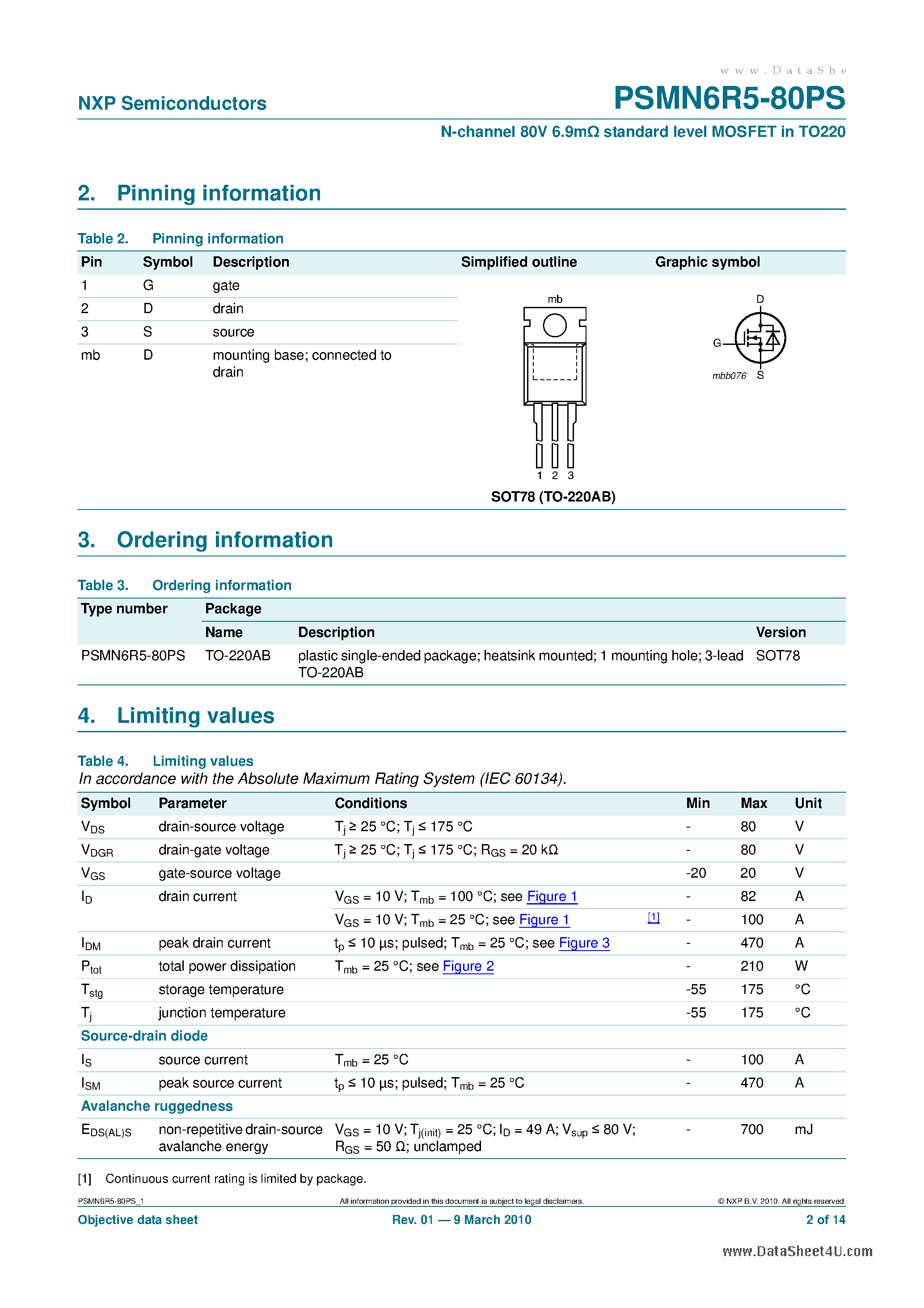 Даташит PSMN6R5-80PS - N-channel 80V 6.9m standard level MOSFET страница 2