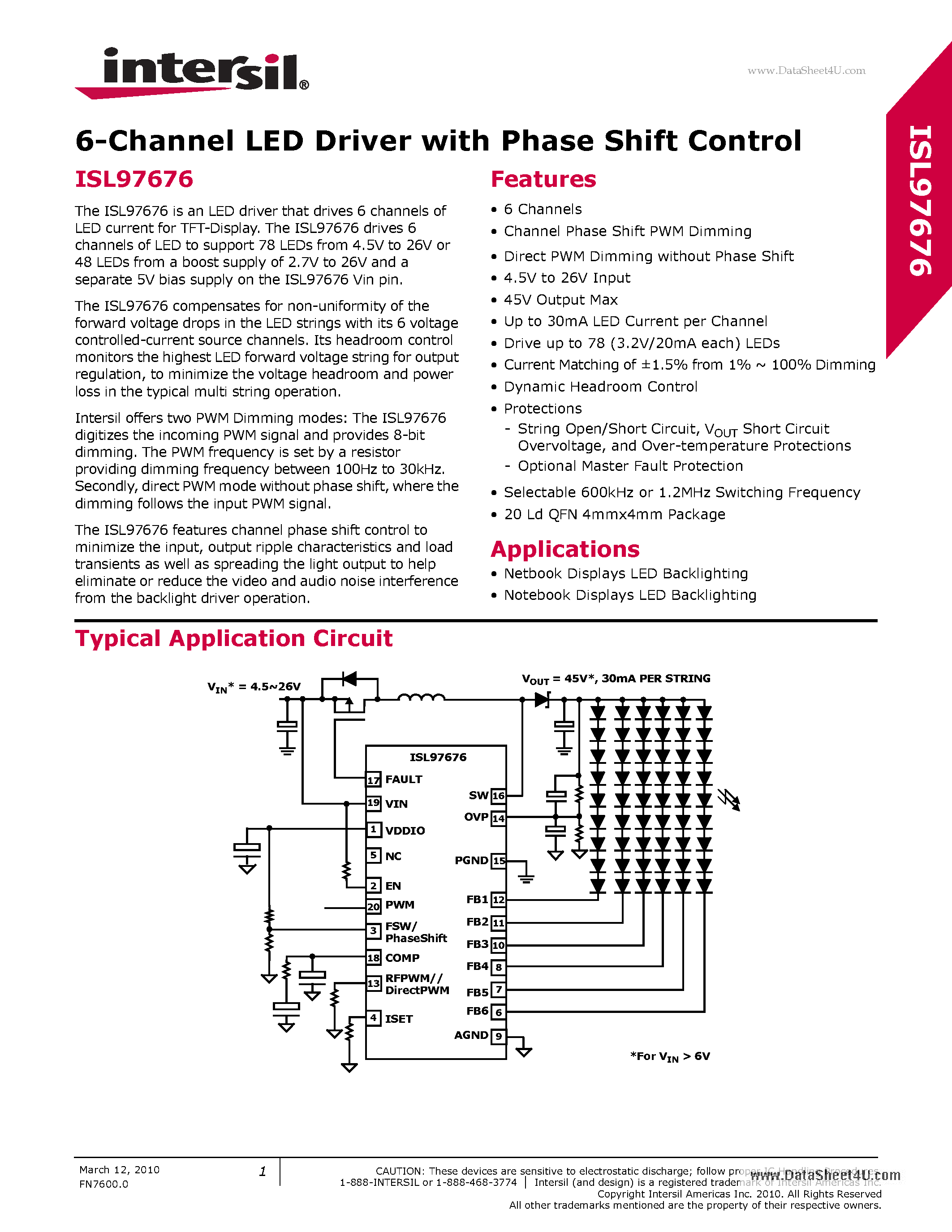 Datasheet ISL97676 - 6-Channel LED Driver page 1