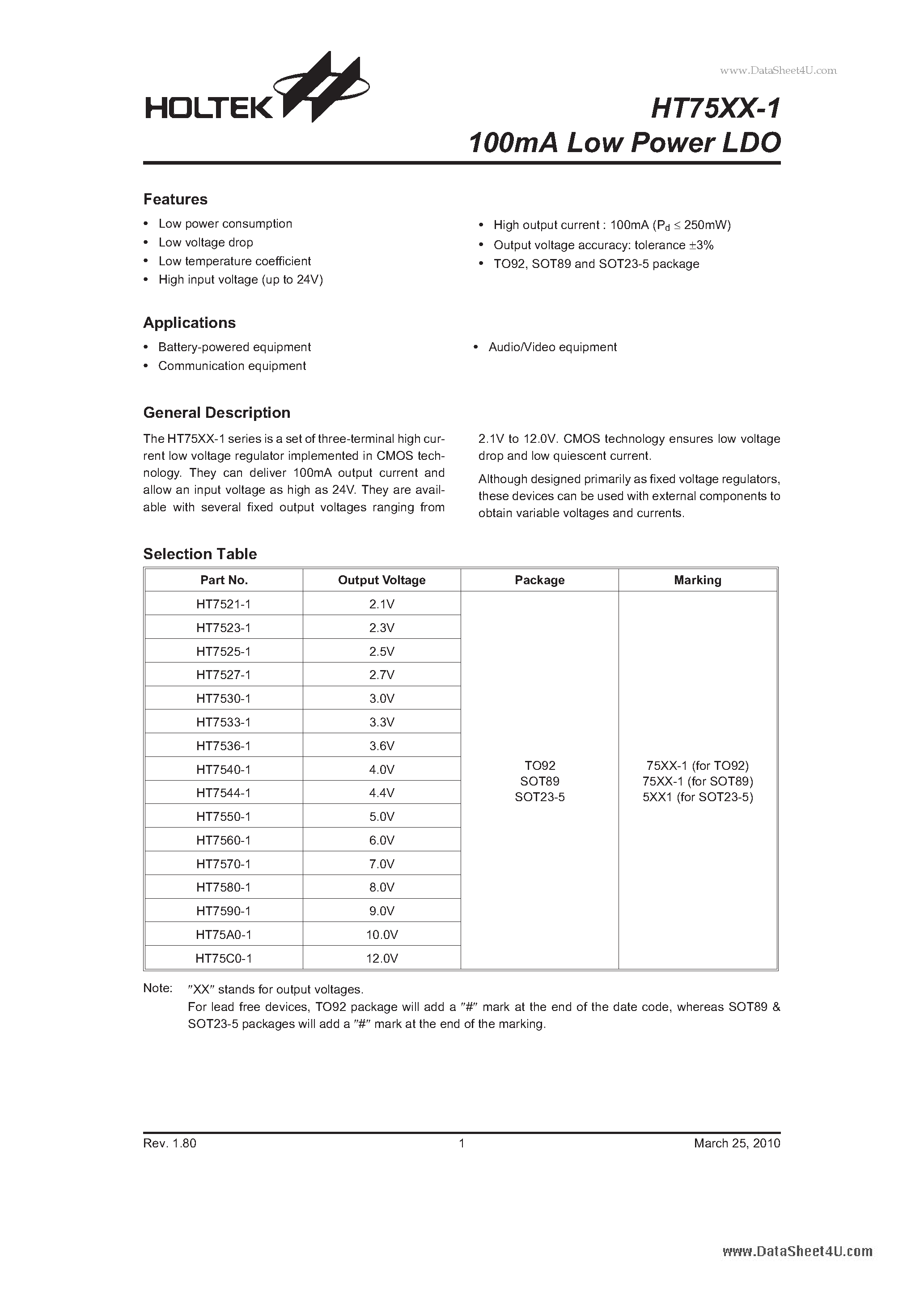 Даташит HT7521-1 - (HT75xx-1) 100mA Low Power LDO страница 1