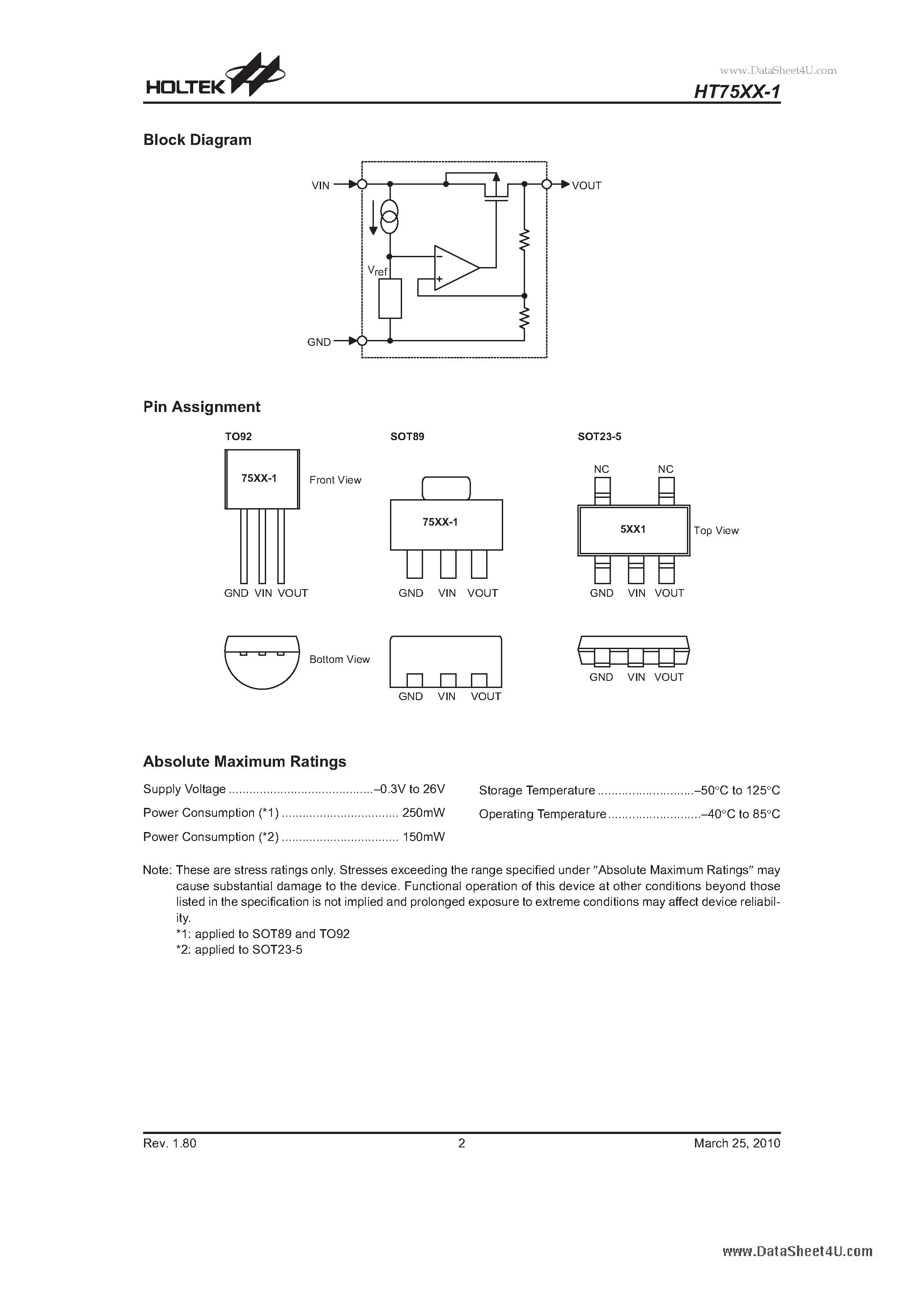 Даташит HT7521-1 - (HT75xx-1) 100mA Low Power LDO страница 2