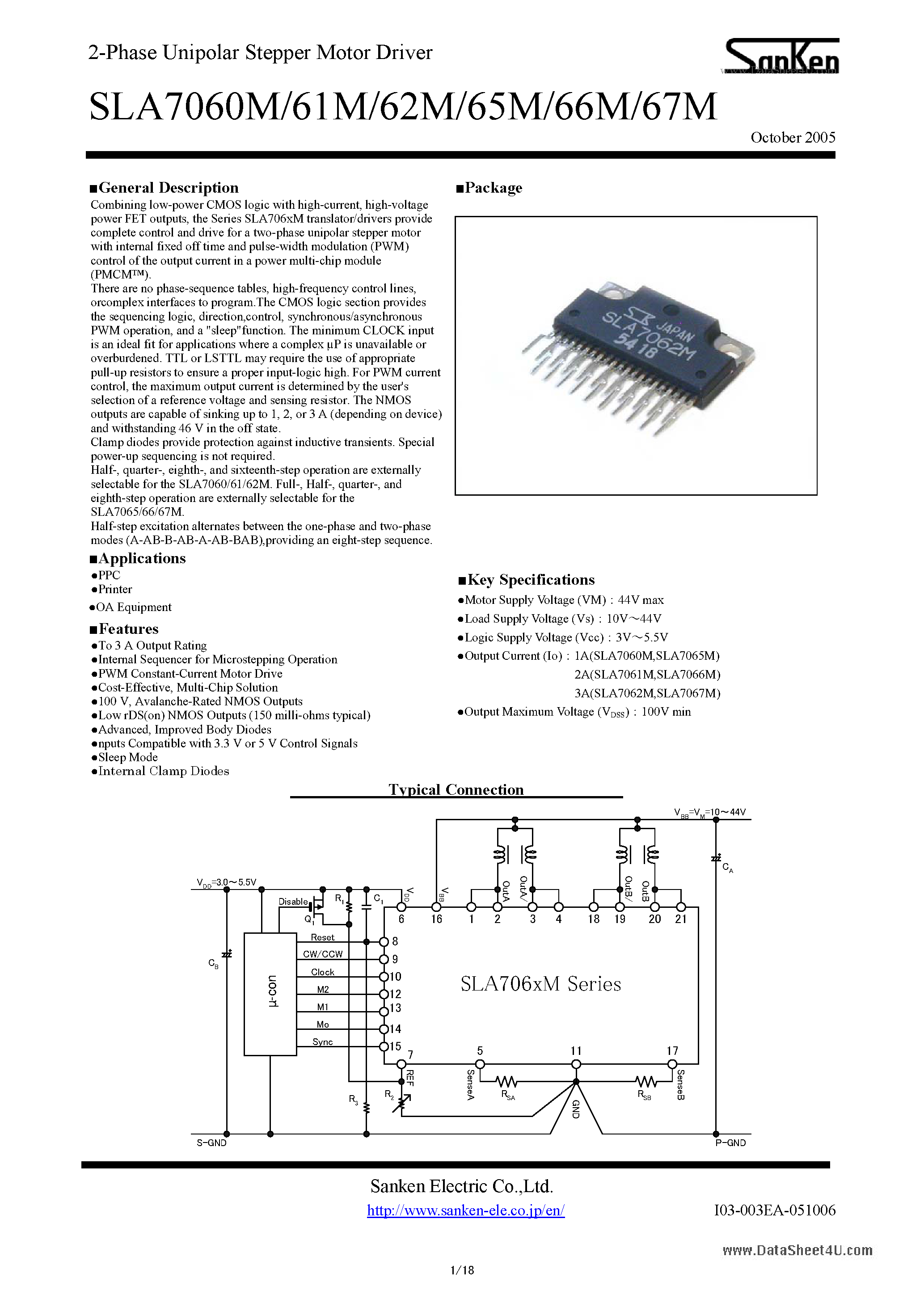 Даташит SLA7060M - (SLA7060M - SLA7067M) 2-Phase Unipolar Stepper Motor Driver страница 1