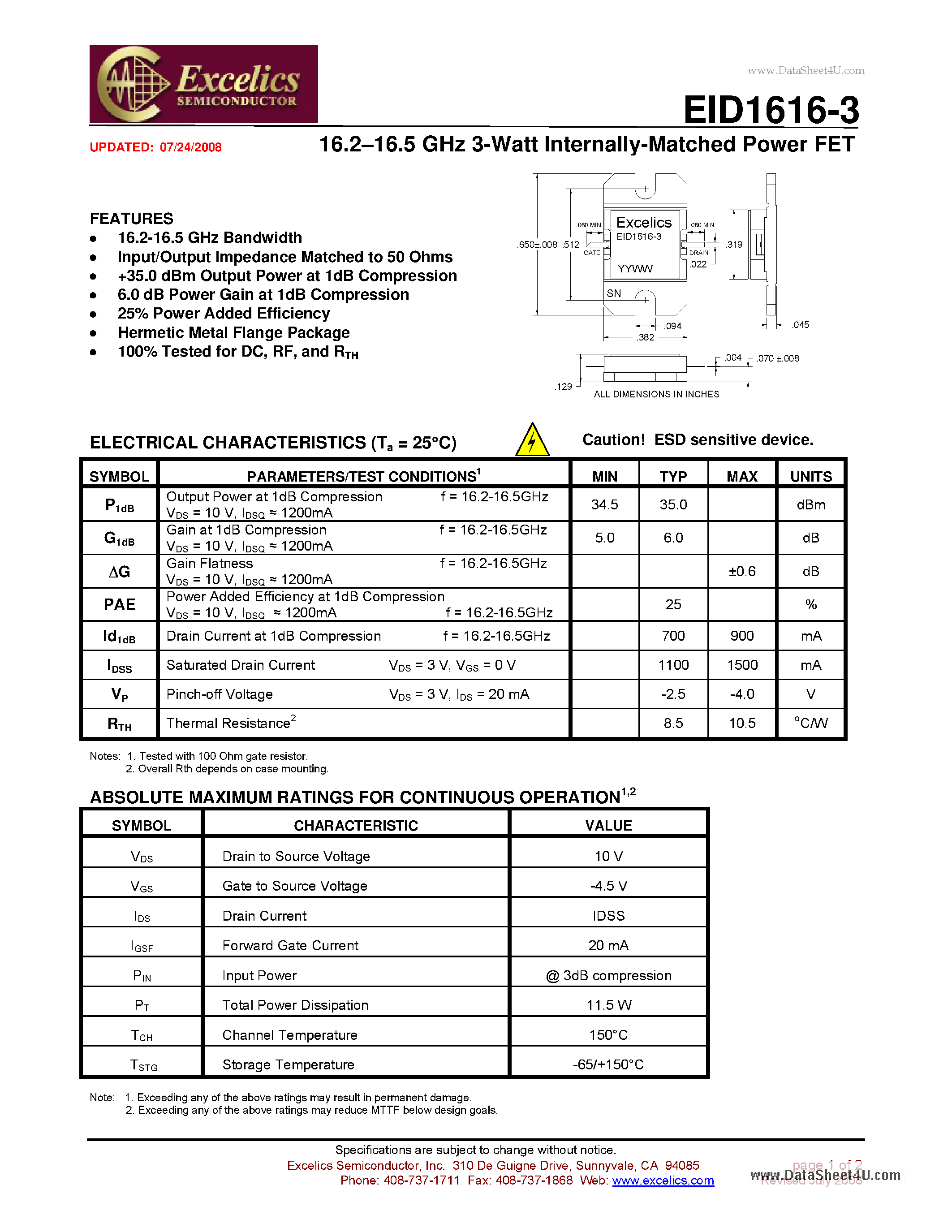 Даташит EID1616-3 - 16.2-16.5 GHz 3-Watt Internally-Matched Power FET страница 1