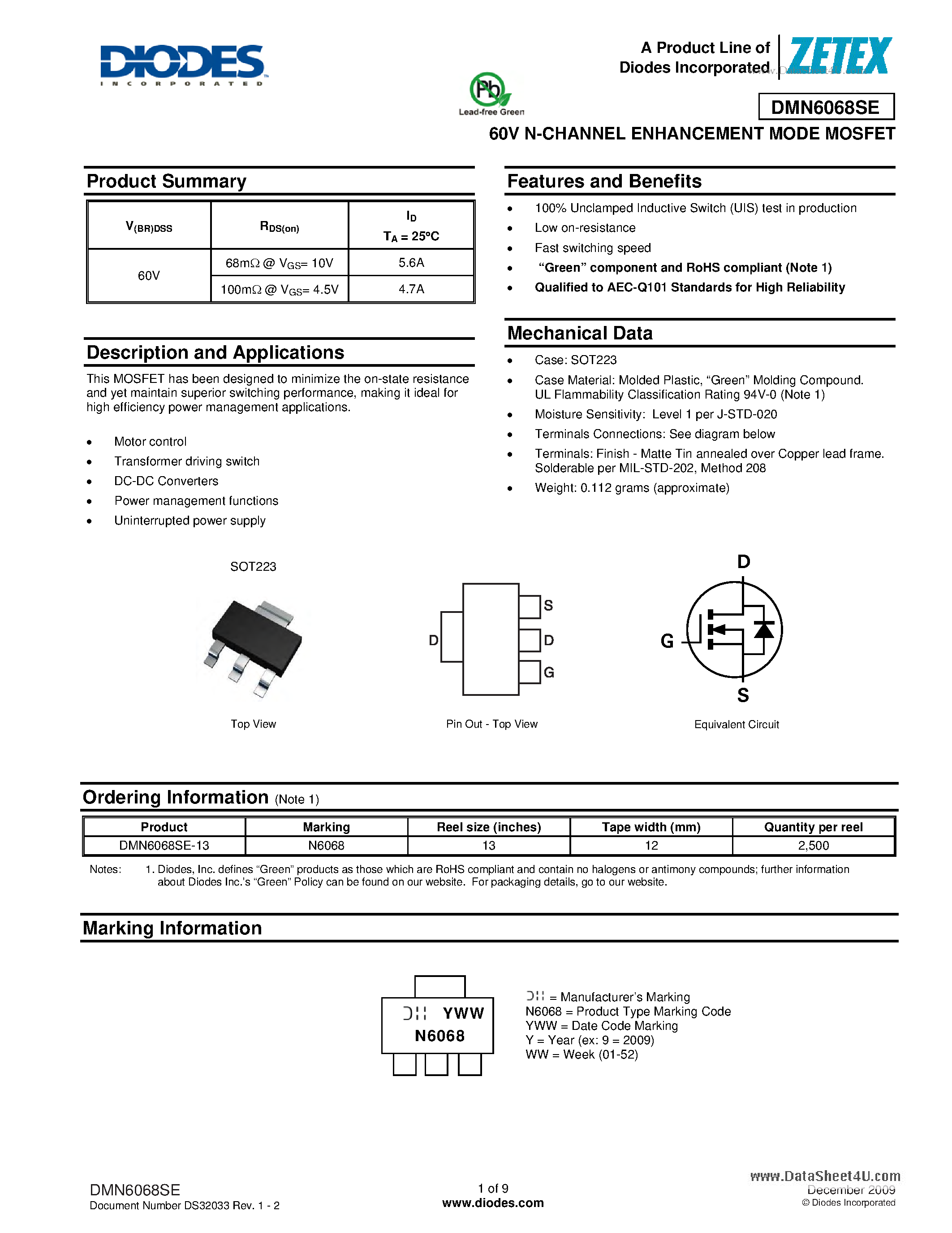 Даташит DMN6068SE - 60V N-CHANNEL ENHANCEMENT MODE MOSFET страница 1