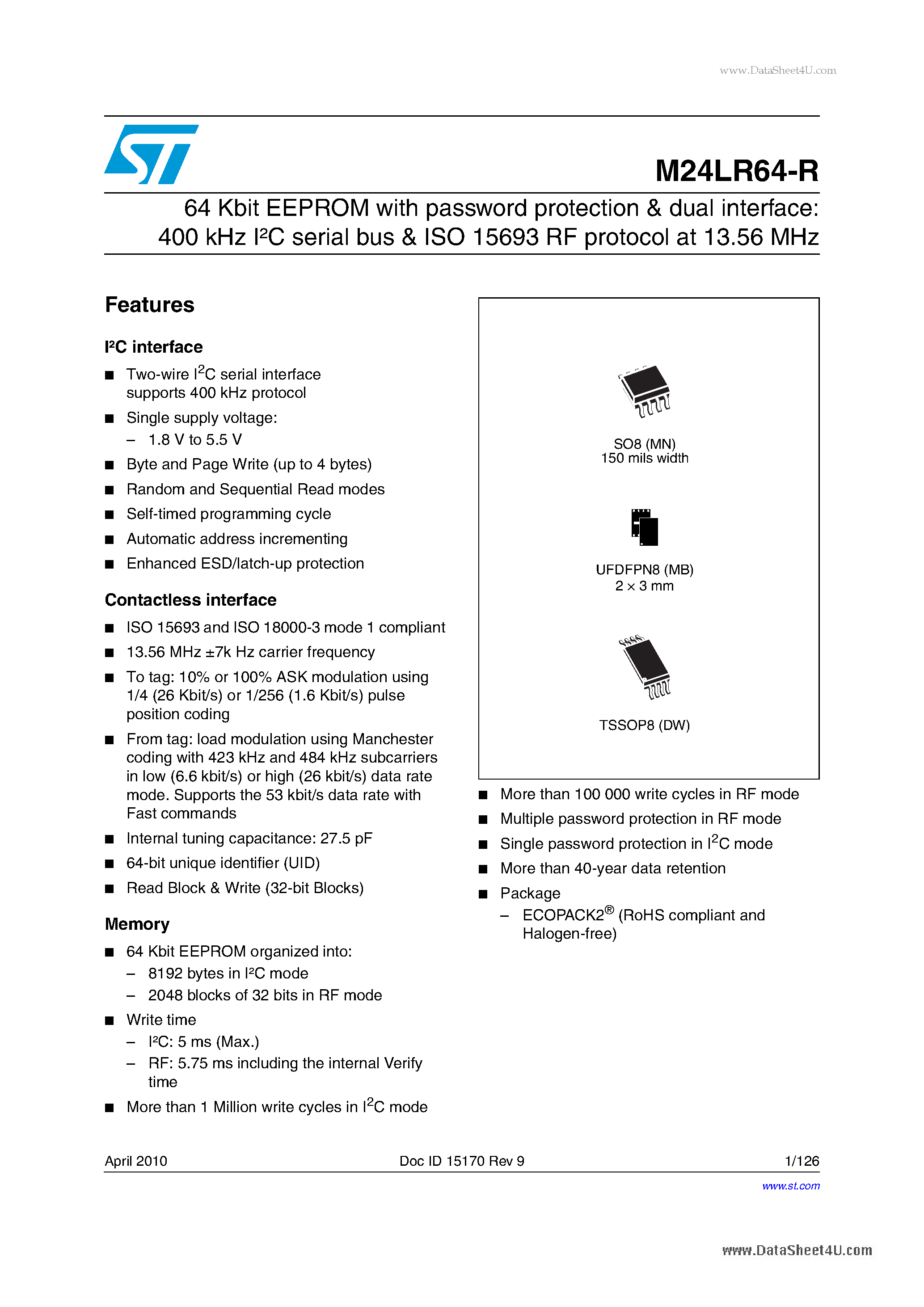 Datasheet M24LR64-R - 64 Kbit EEPROM page 1